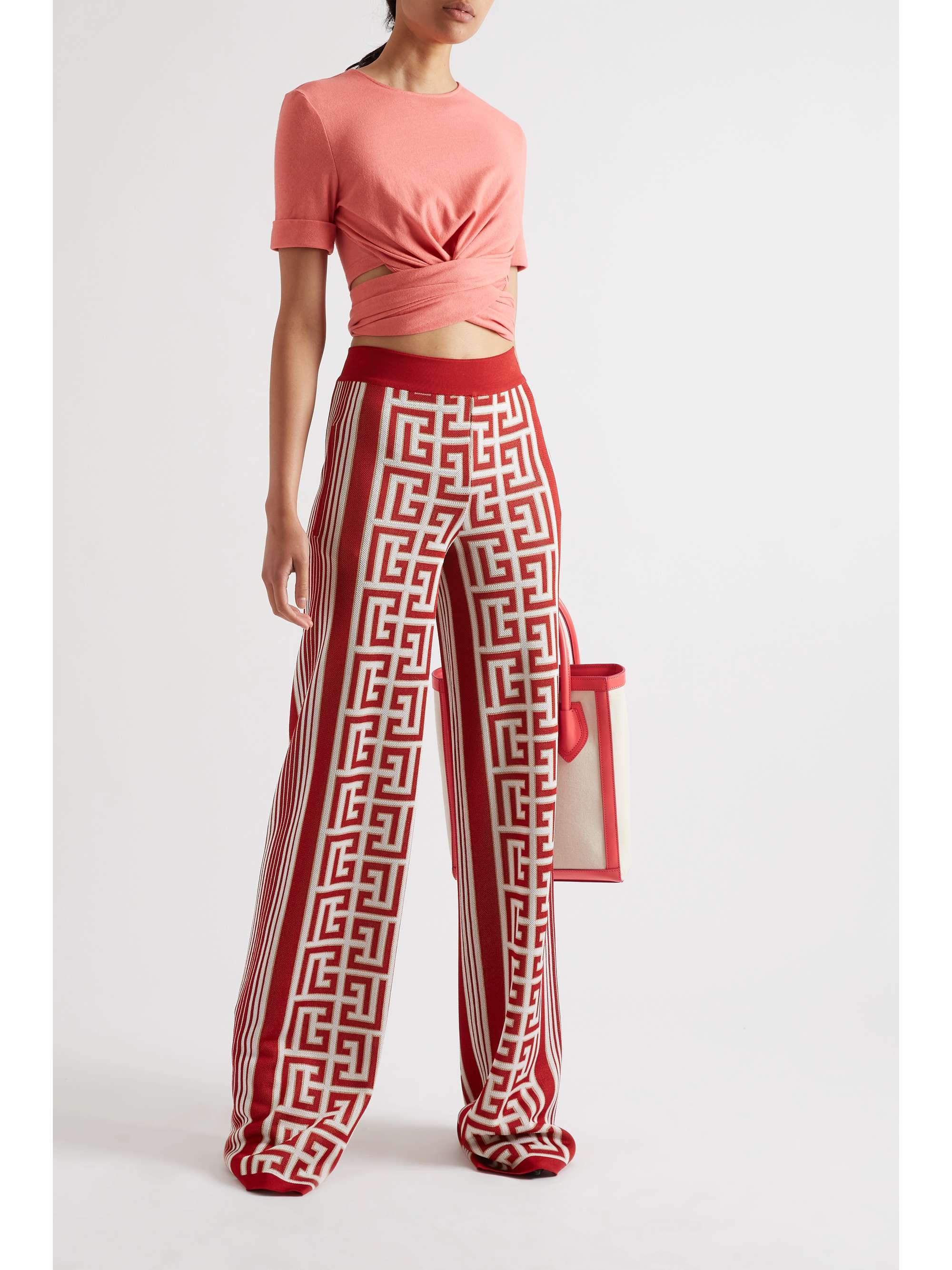 Red Jacquard-knit wide-leg pants 