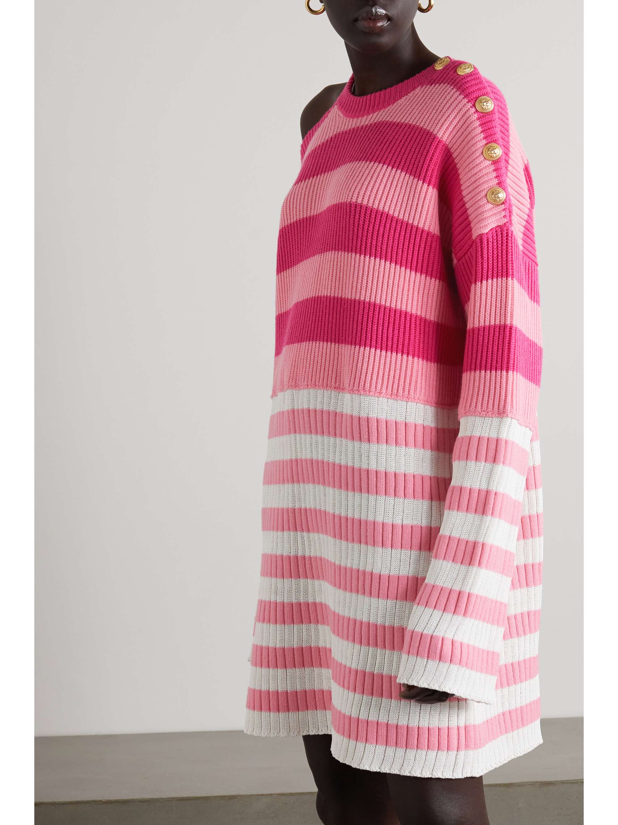 BALMAIN + Barbie cold-shoulder button-embellished striped wool-blend dress