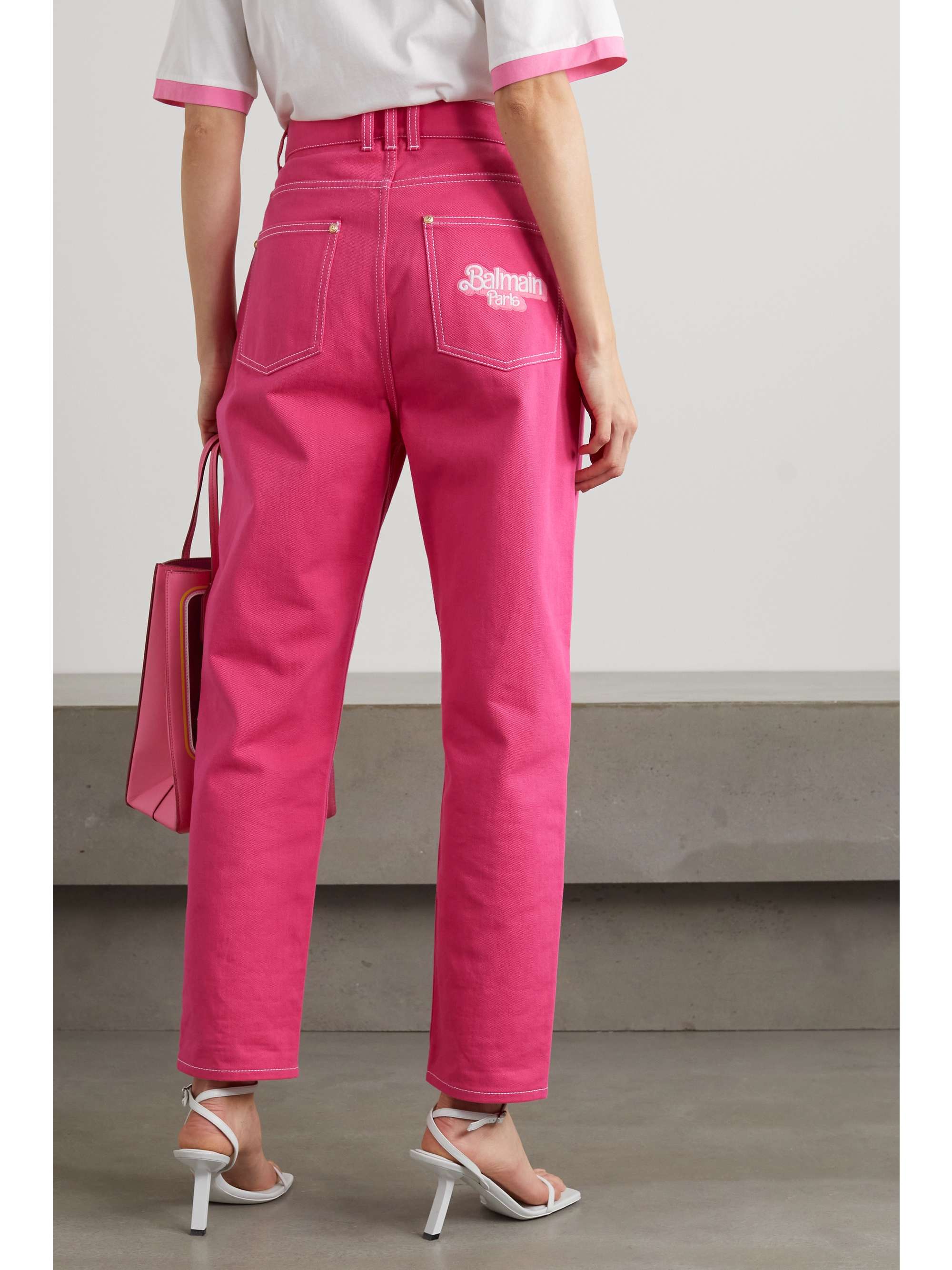 BALMAIN + Barbie embroidered high-rise tapered jeans
