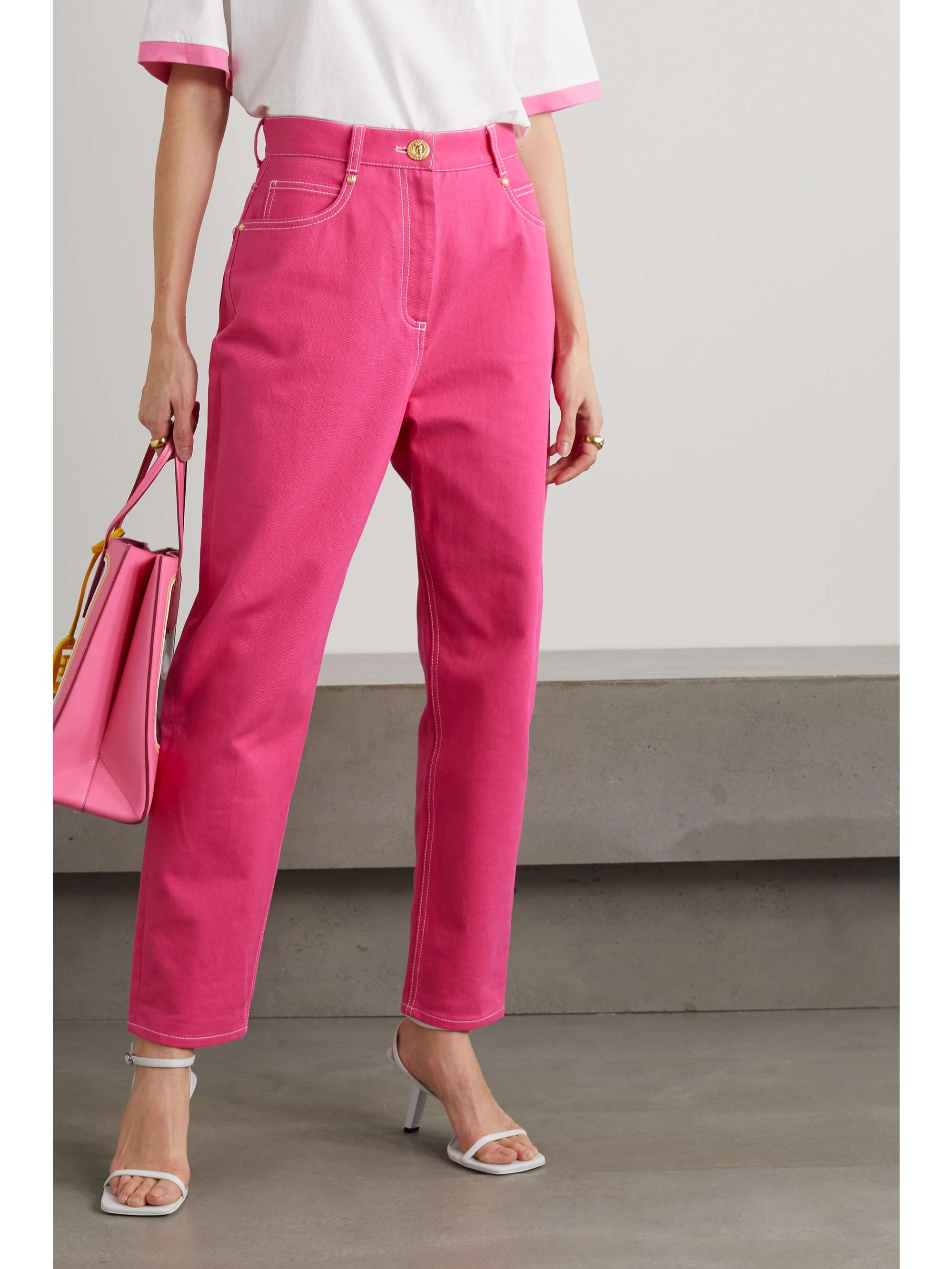 BALMAIN + Barbie embroidered high-rise tapered jeans