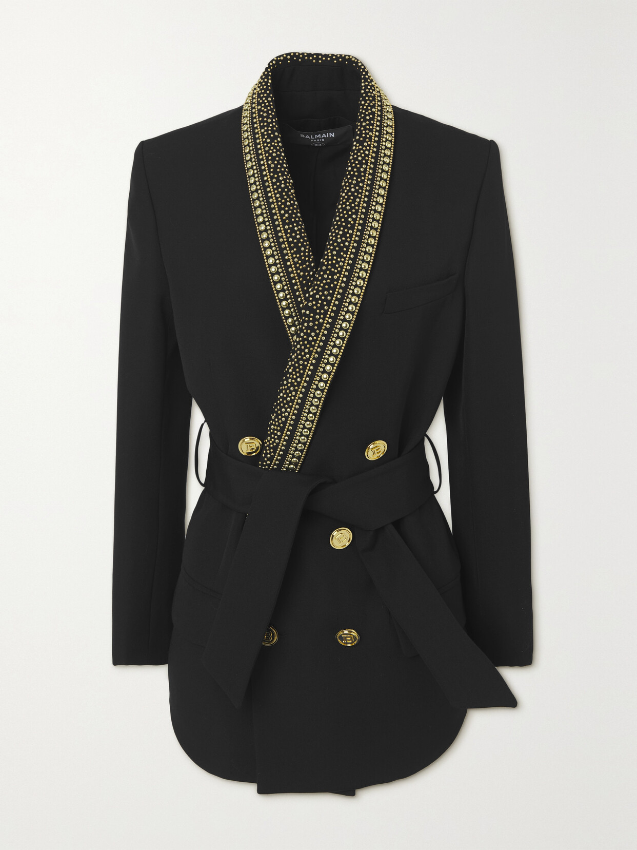 BALMAIN BELTED STUDDED DOUBLE-BREASTED GRAIN DE POUDRE WOOL BLAZER