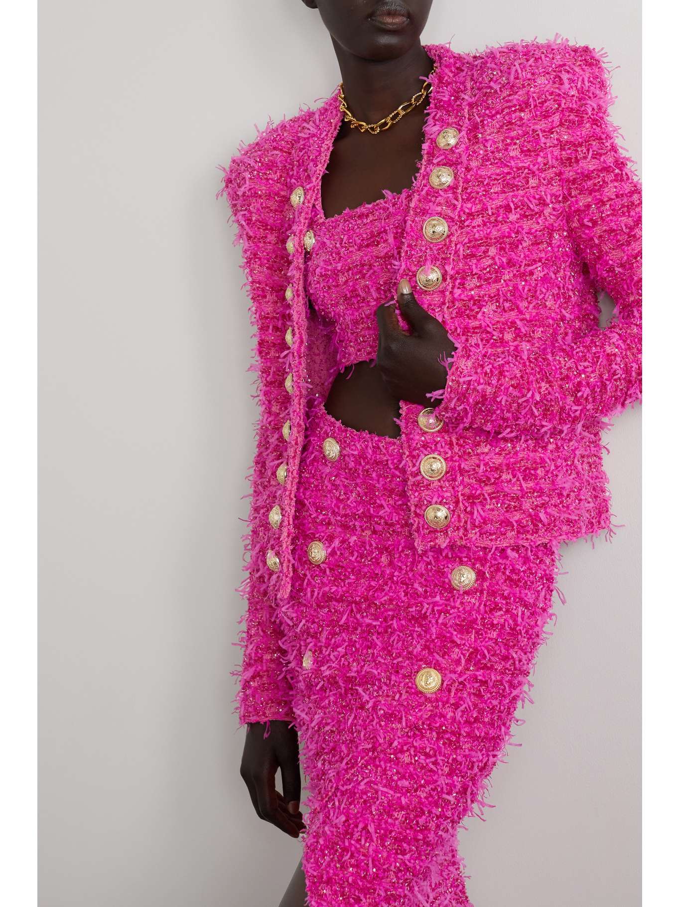 Pink + Barbie embellished metallic bouclé-tweed blazer | BALMAIN | NET