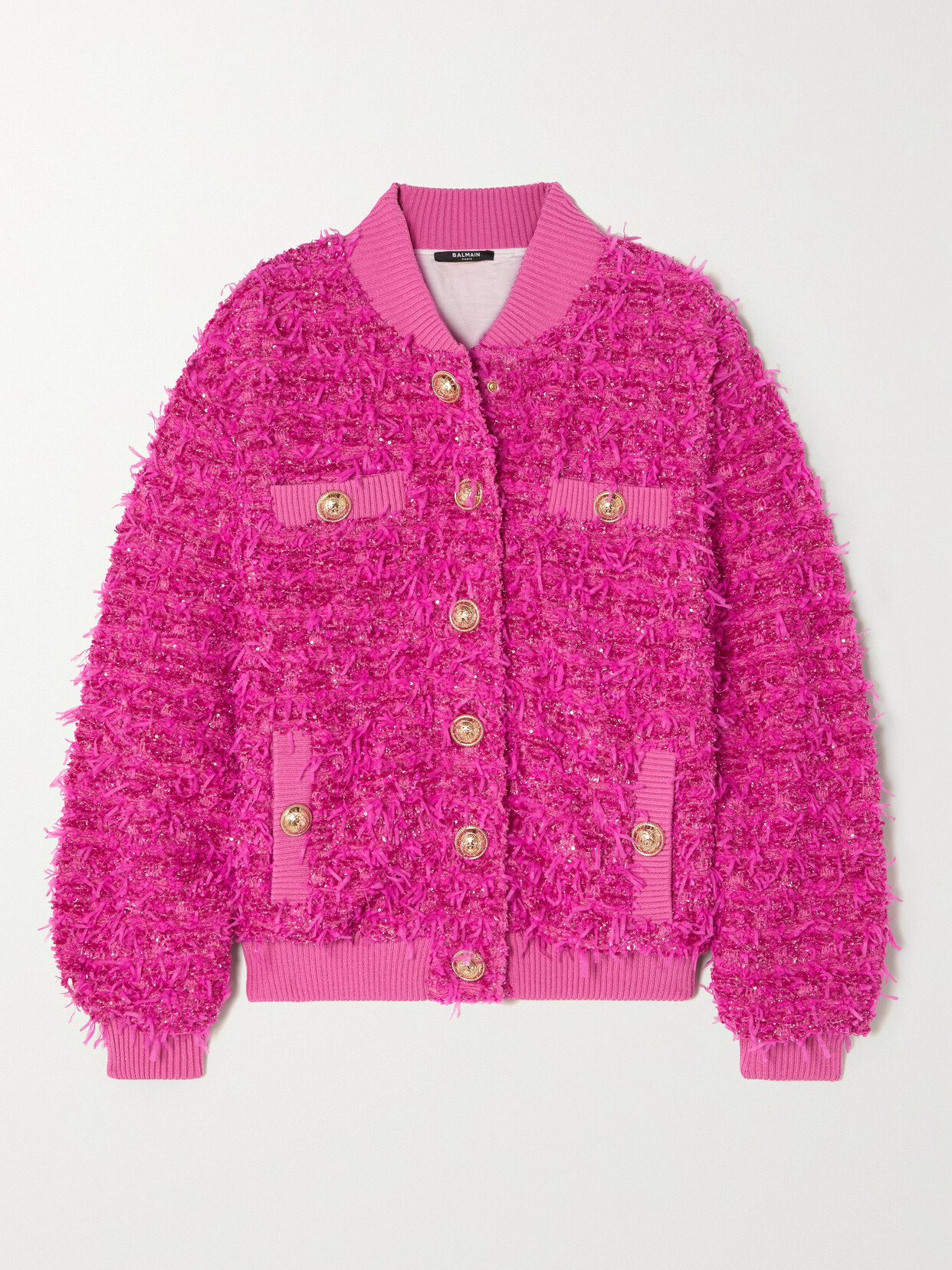 BALMAIN + BARBIE EMBELLISHED METALLIC BOUCLÉ-TWEED BOMBER JACKET