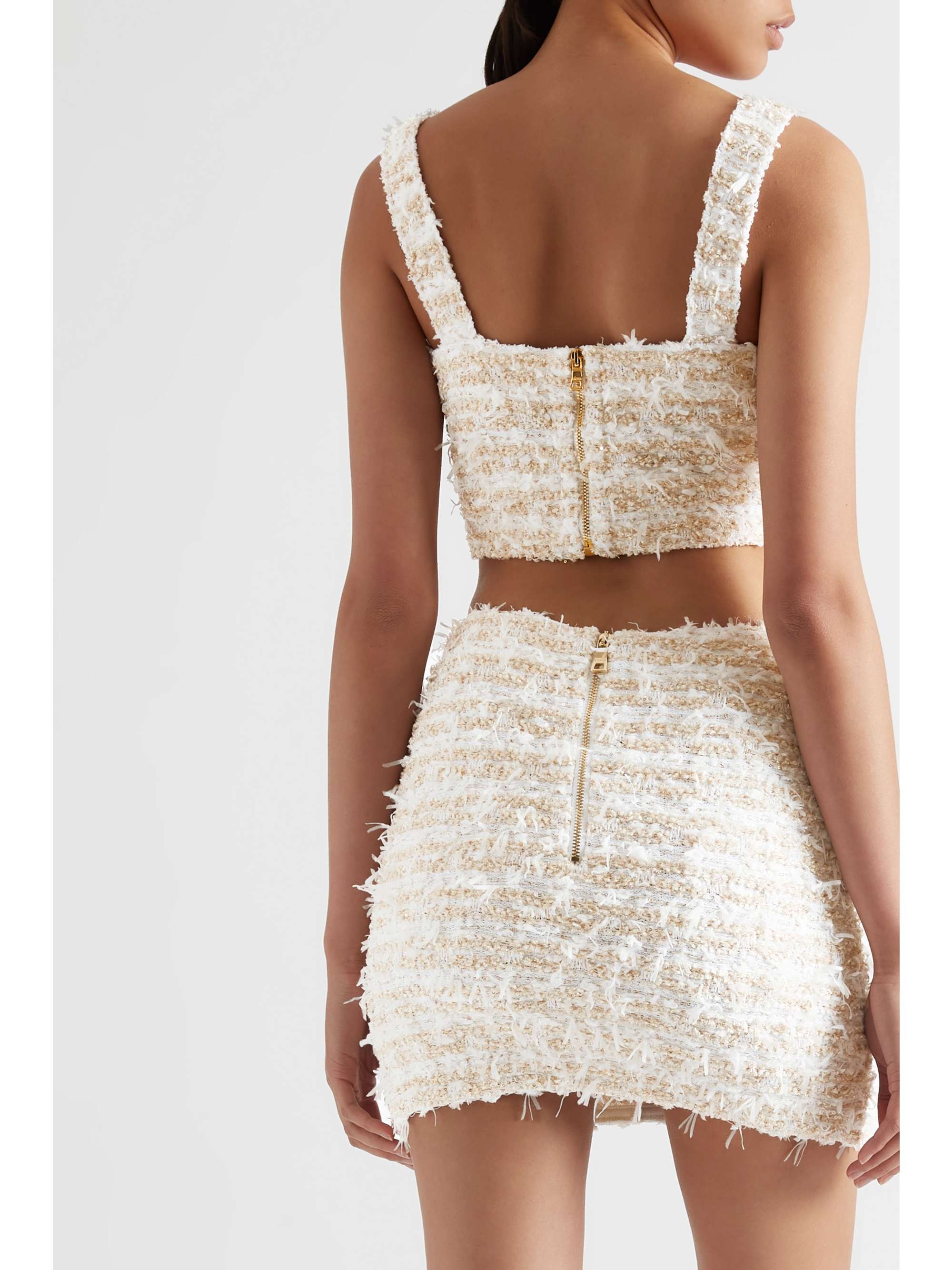 BALMAIN Cropped button-embellished metallic bouclé-tweed top