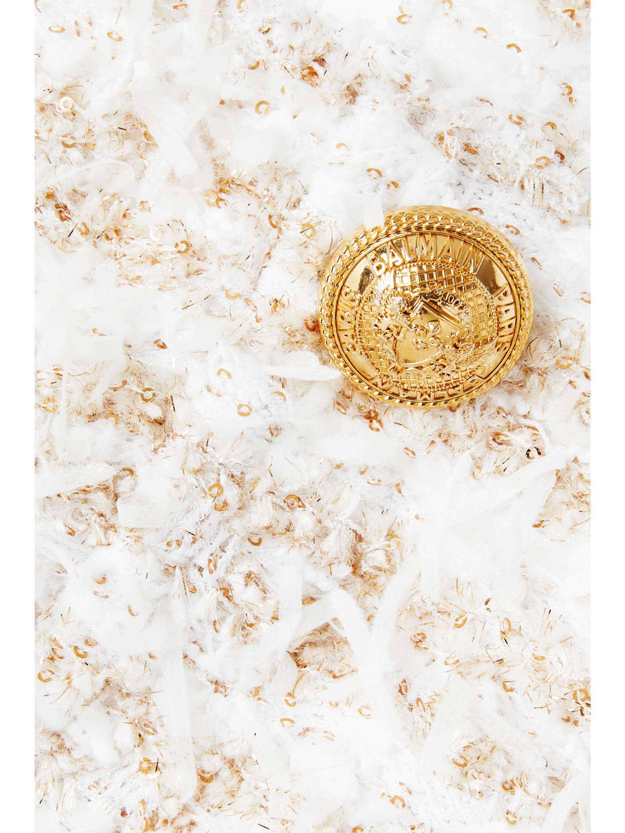 BALMAIN Cropped button-embellished metallic bouclé-tweed top