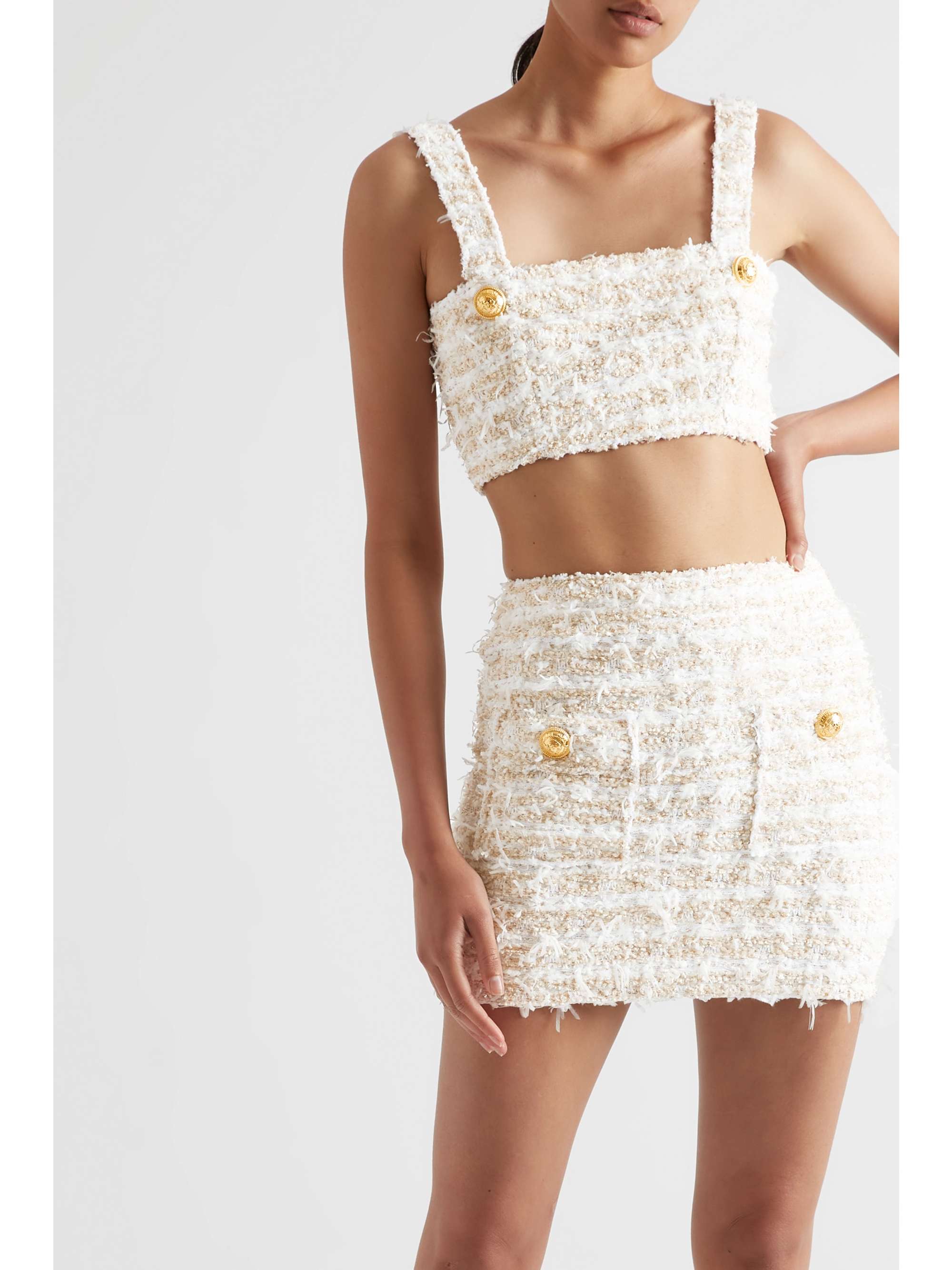 BALMAIN Cropped button-embellished metallic bouclé-tweed top