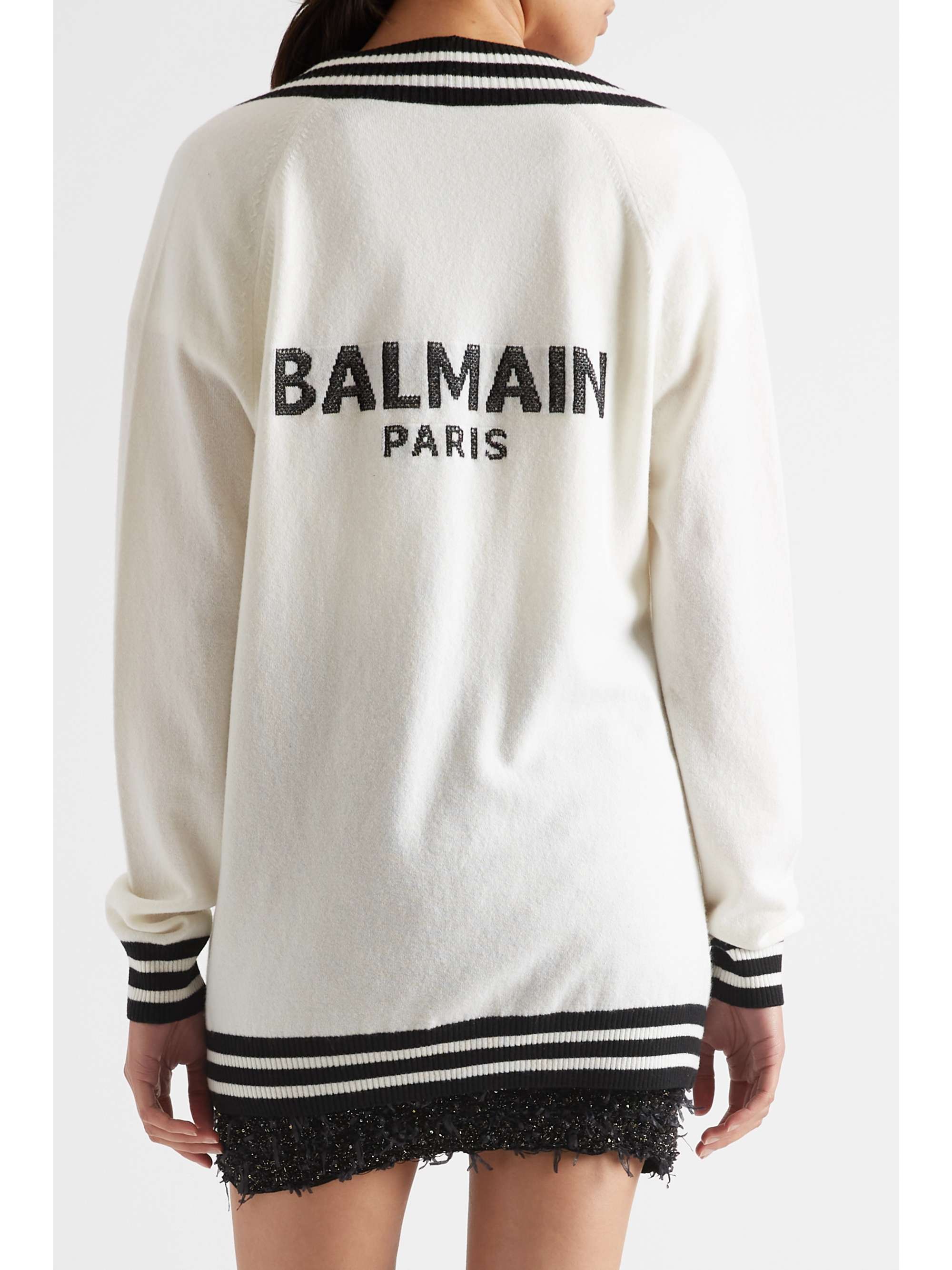 BALMAIN 条纹提花针织羊毛混纺开襟衫