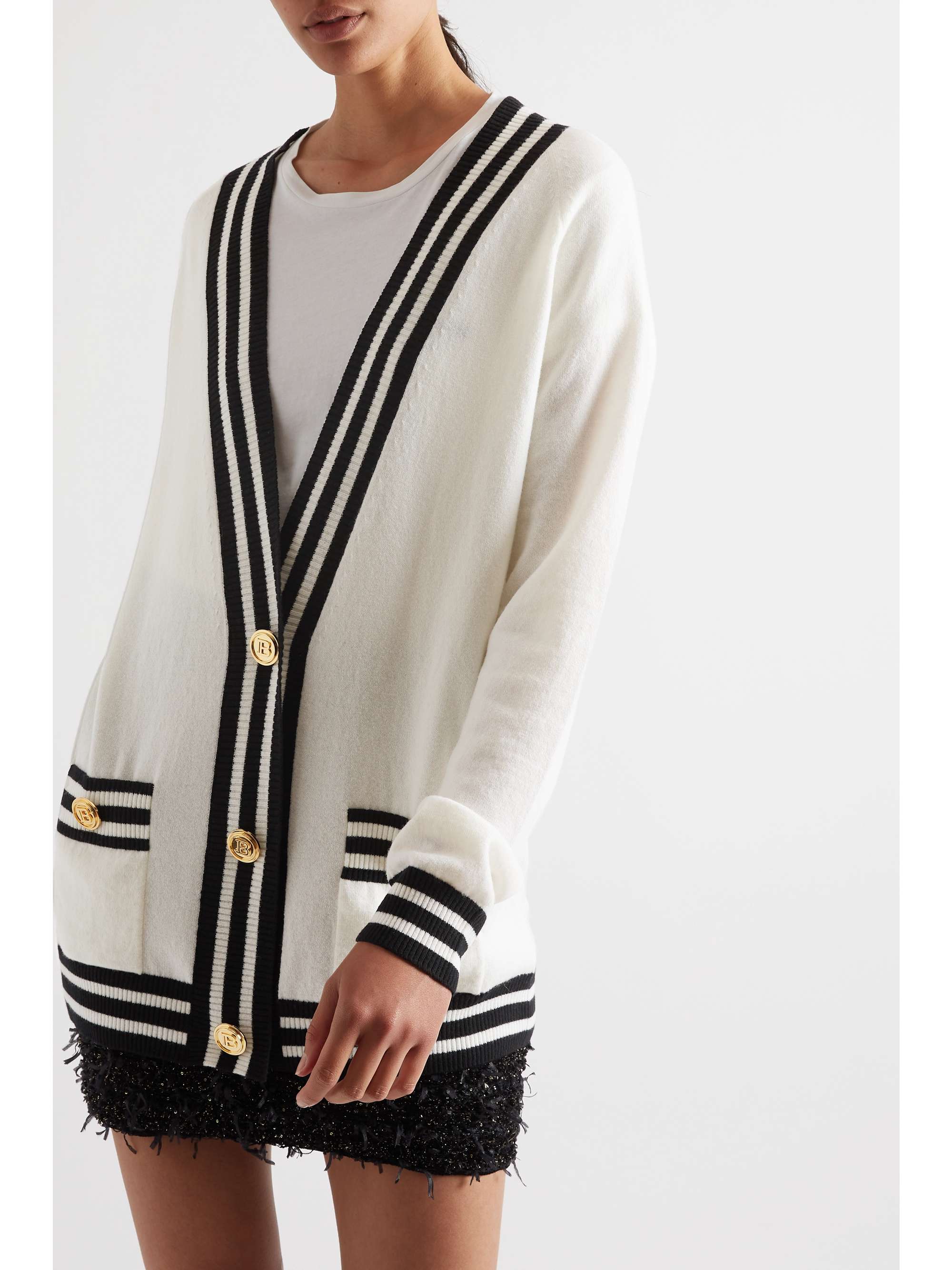 BALMAIN 条纹提花针织羊毛混纺开襟衫