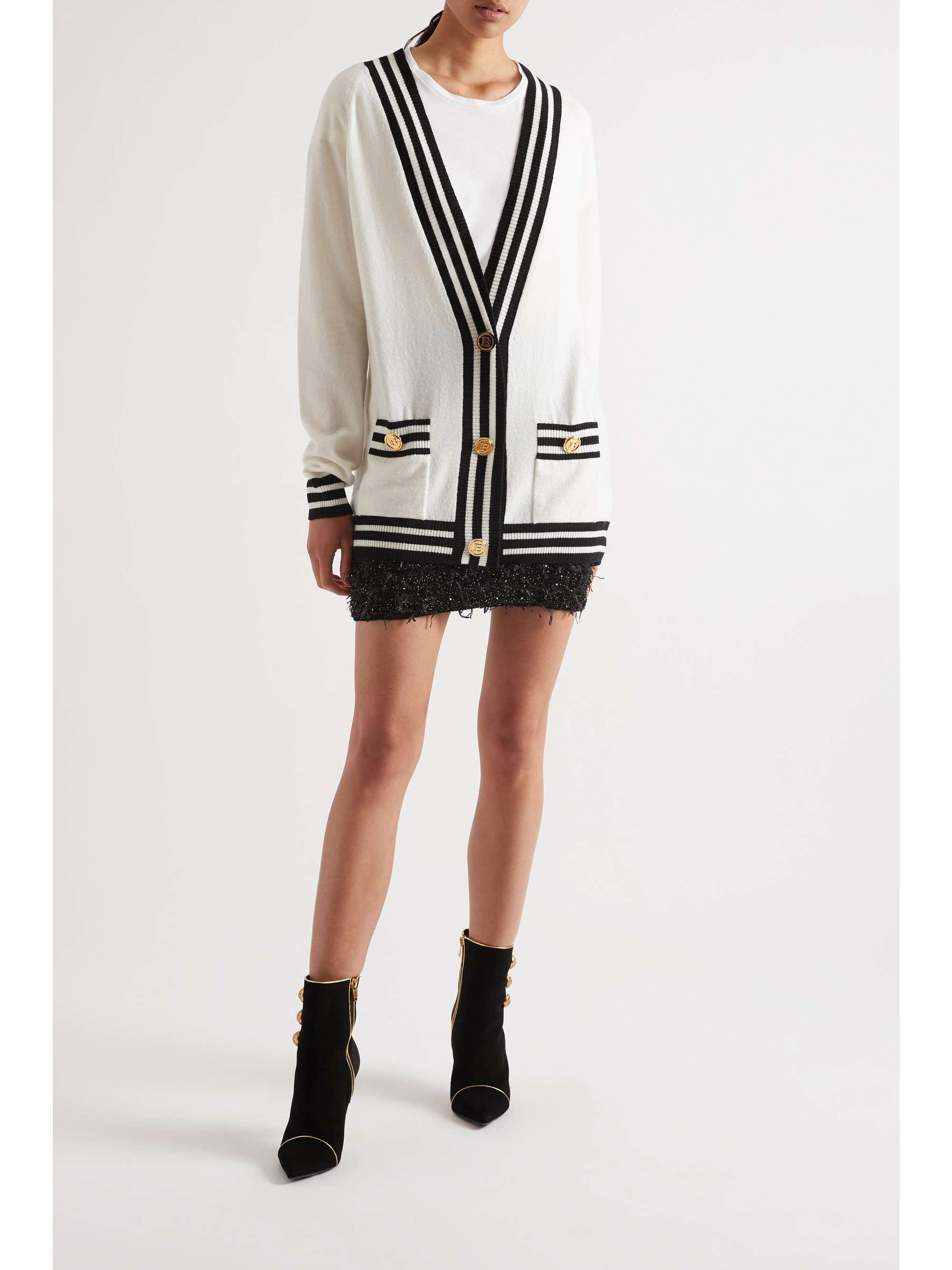 BALMAIN 条纹提花针织羊毛混纺开襟衫