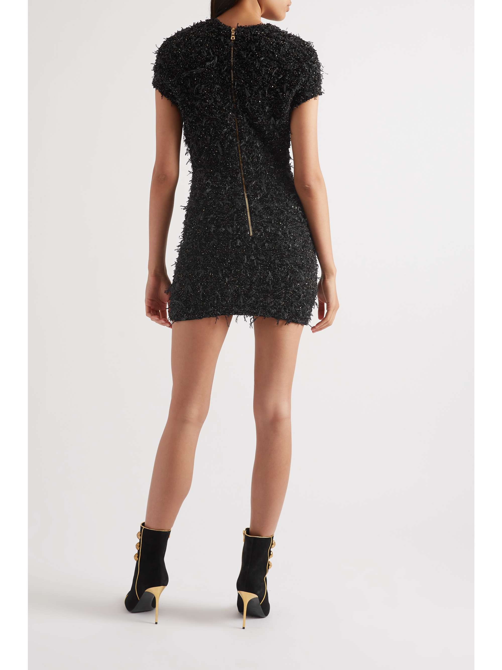 BALMAIN Button-embellished metallic bouclé-tweed mini dress