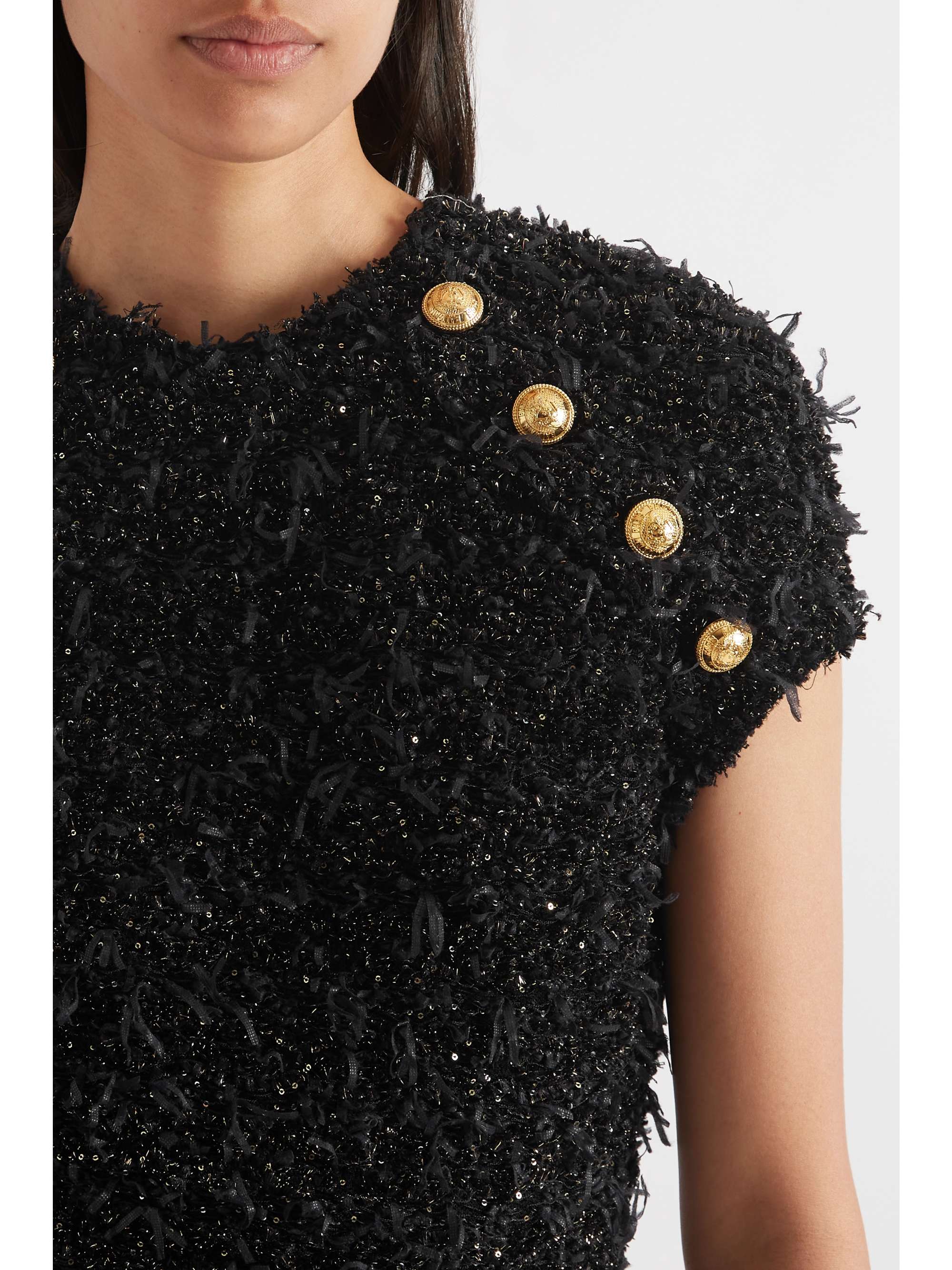 BALMAIN Button-embellished metallic bouclé-tweed mini dress