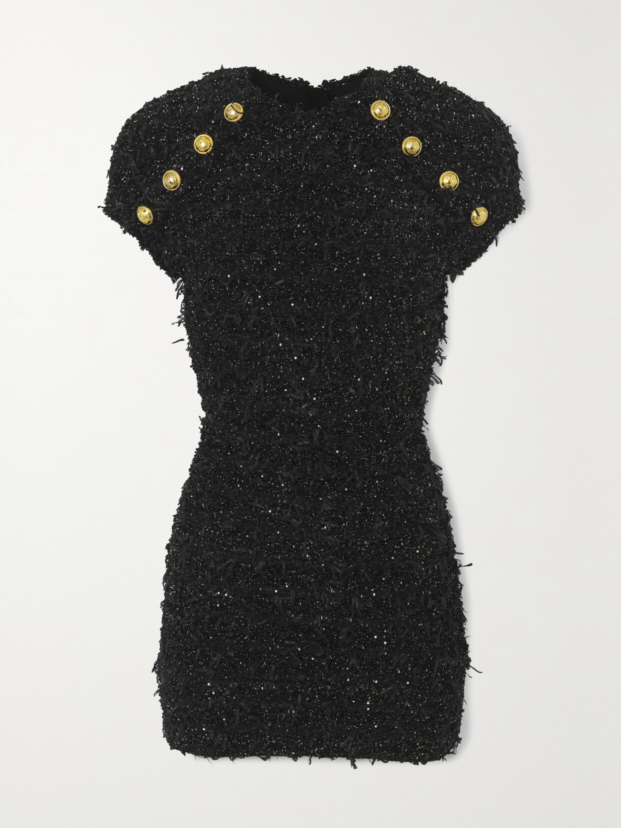 Shop Balmain Button-embellished Metallic Bouclé-tweed Mini Dress In Black