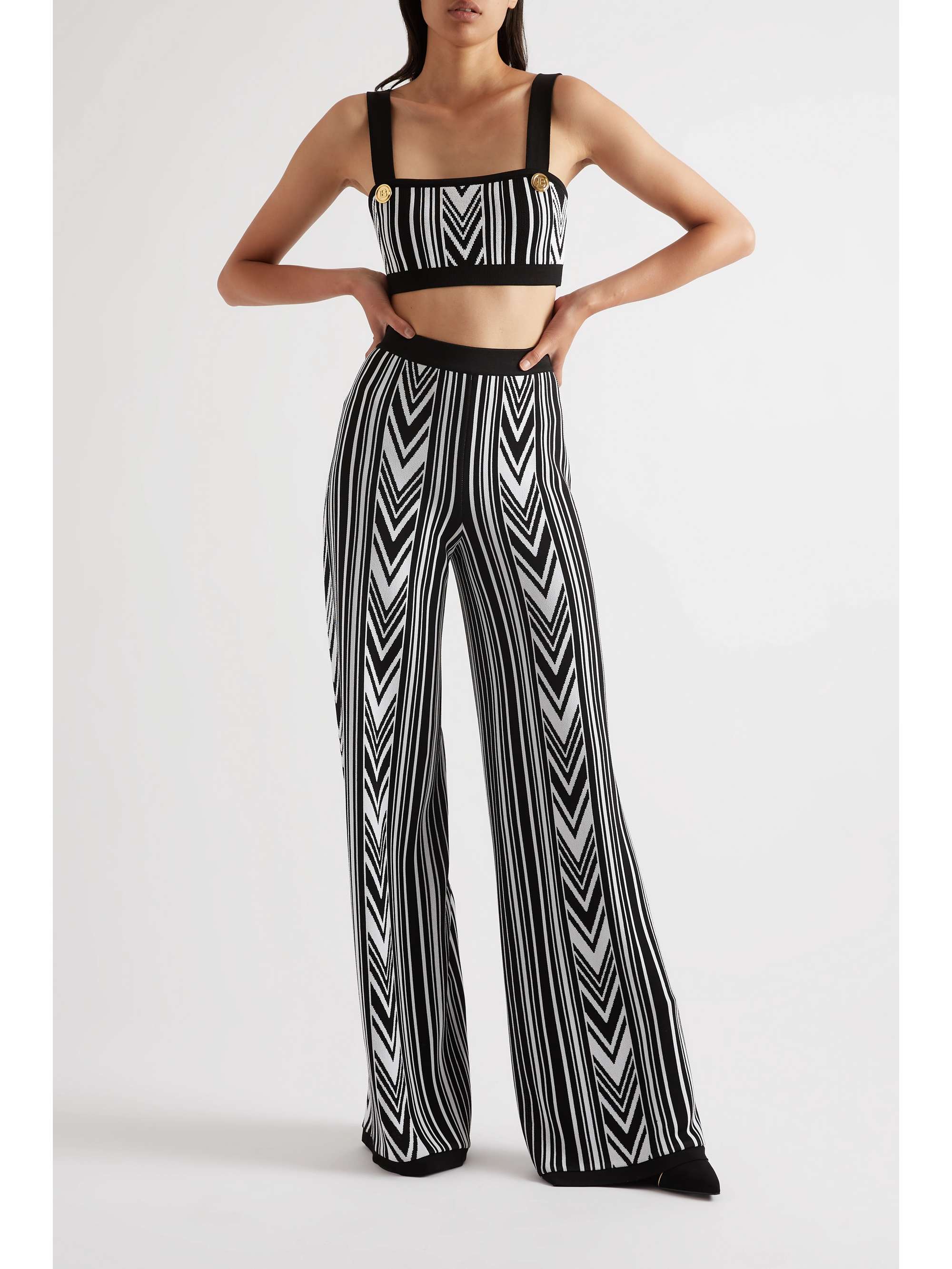 BALMAIN Cropped button-embellished jacquard-knit top