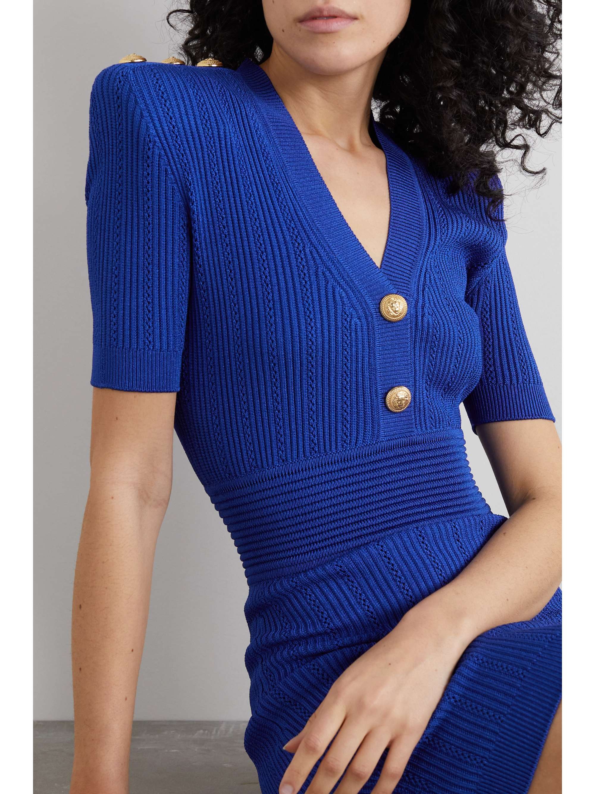 Bright blue Buttonembellished ribbed pointelleknit mini dress