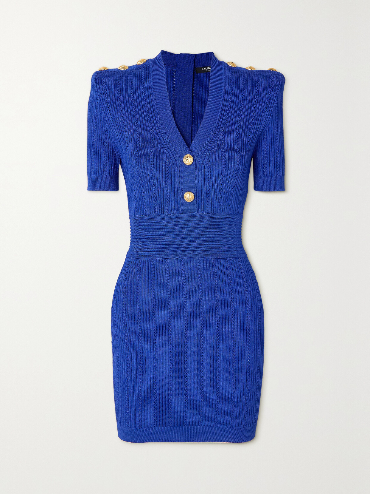 Balmain Button-embellished Ribbed Pointelle-knit Mini Dress - Blue