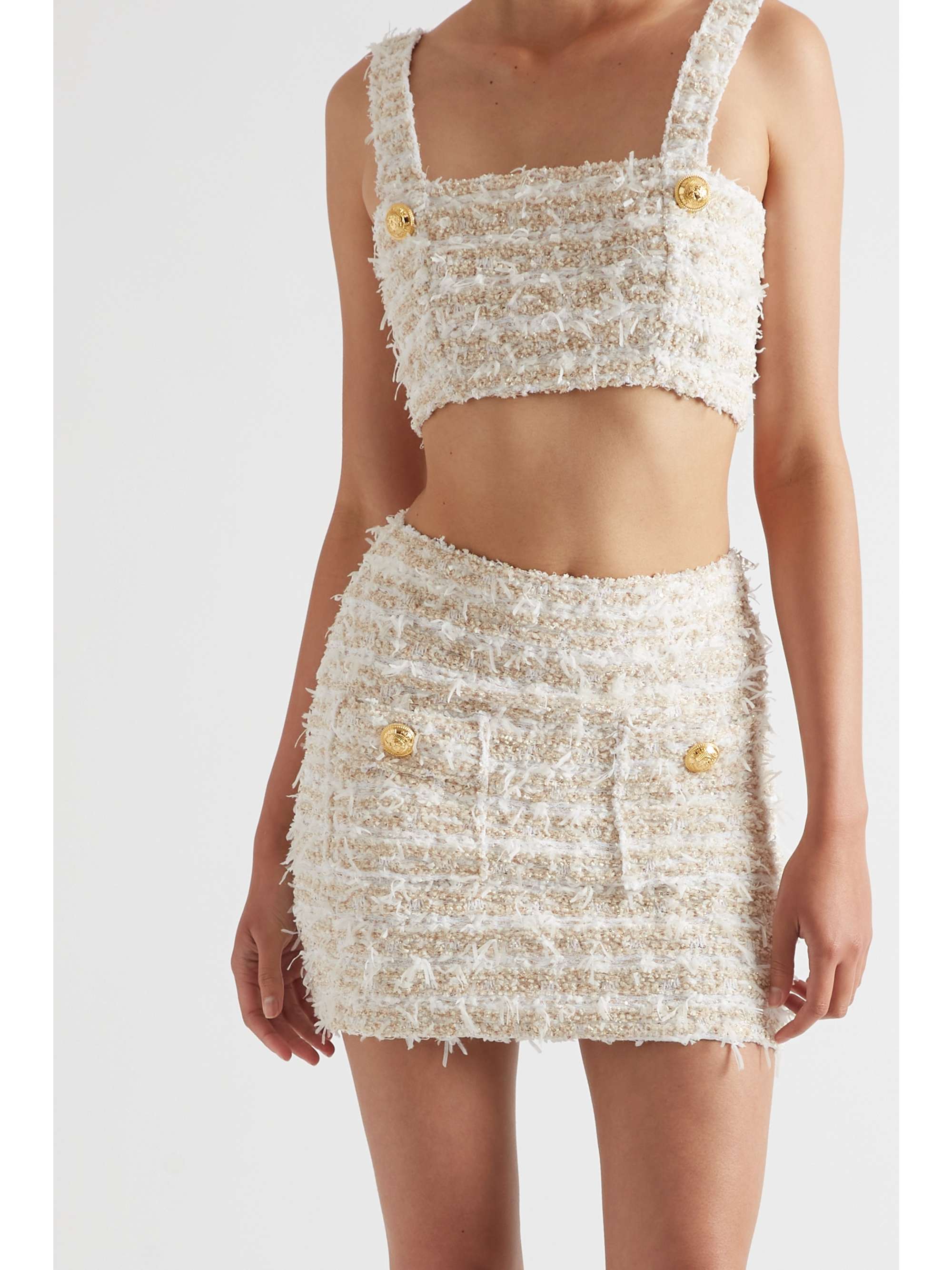 BALMAIN Button-embellished metallic bouclé-tweed mini skirt