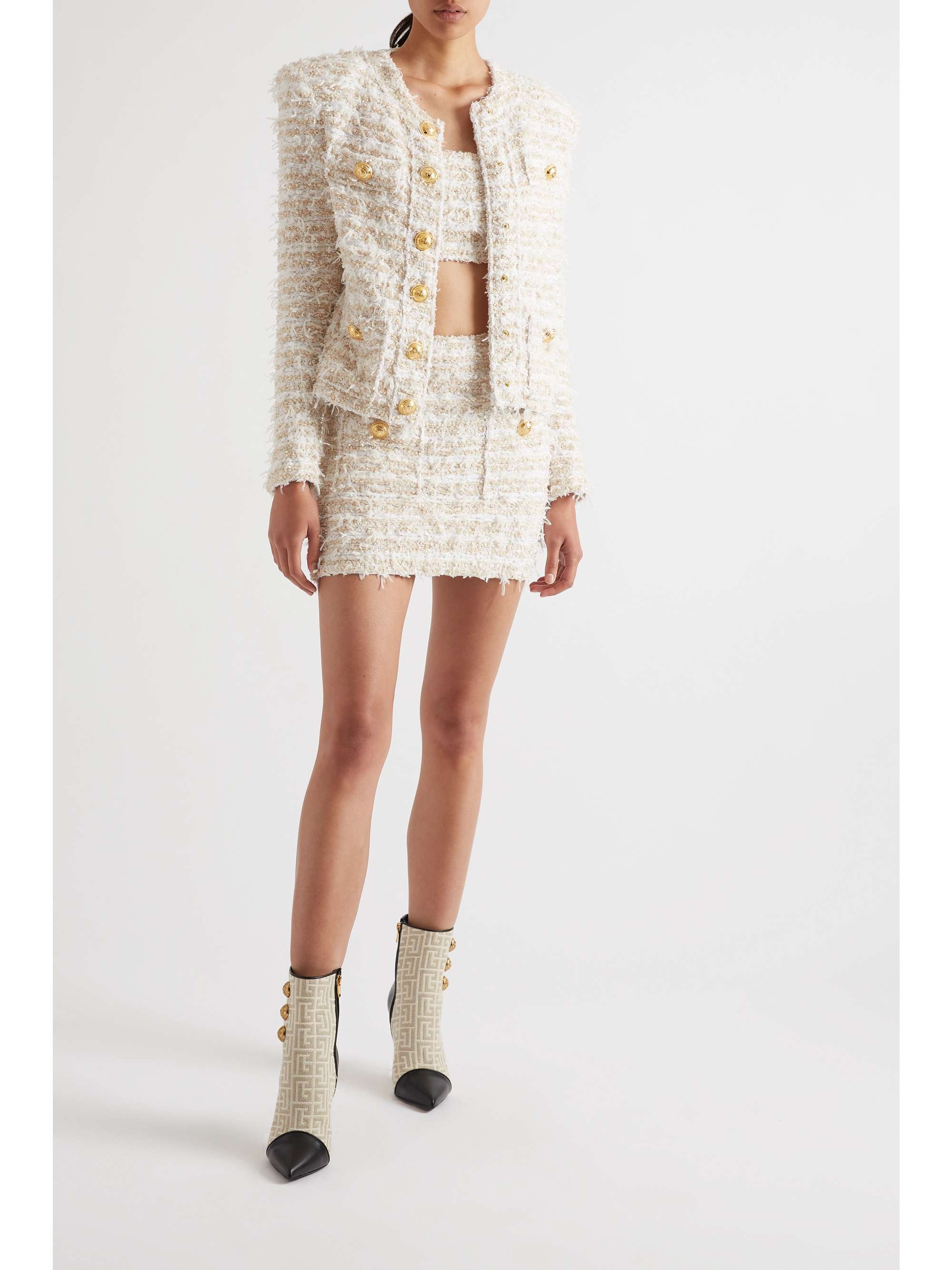 BALMAIN Button-embellished metallic bouclé-tweed mini skirt