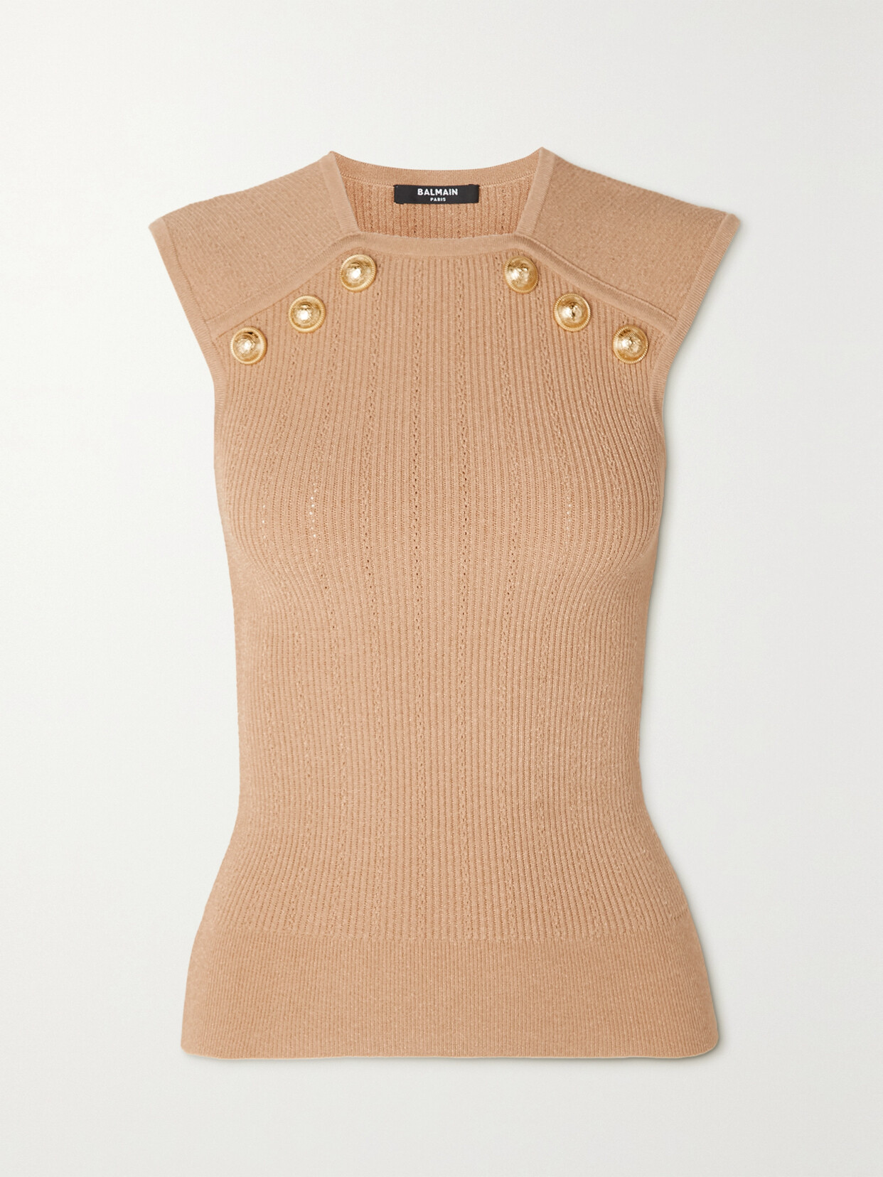 BALMAIN BUTTON-EMBELLISHED RIBBED-KNIT TOP