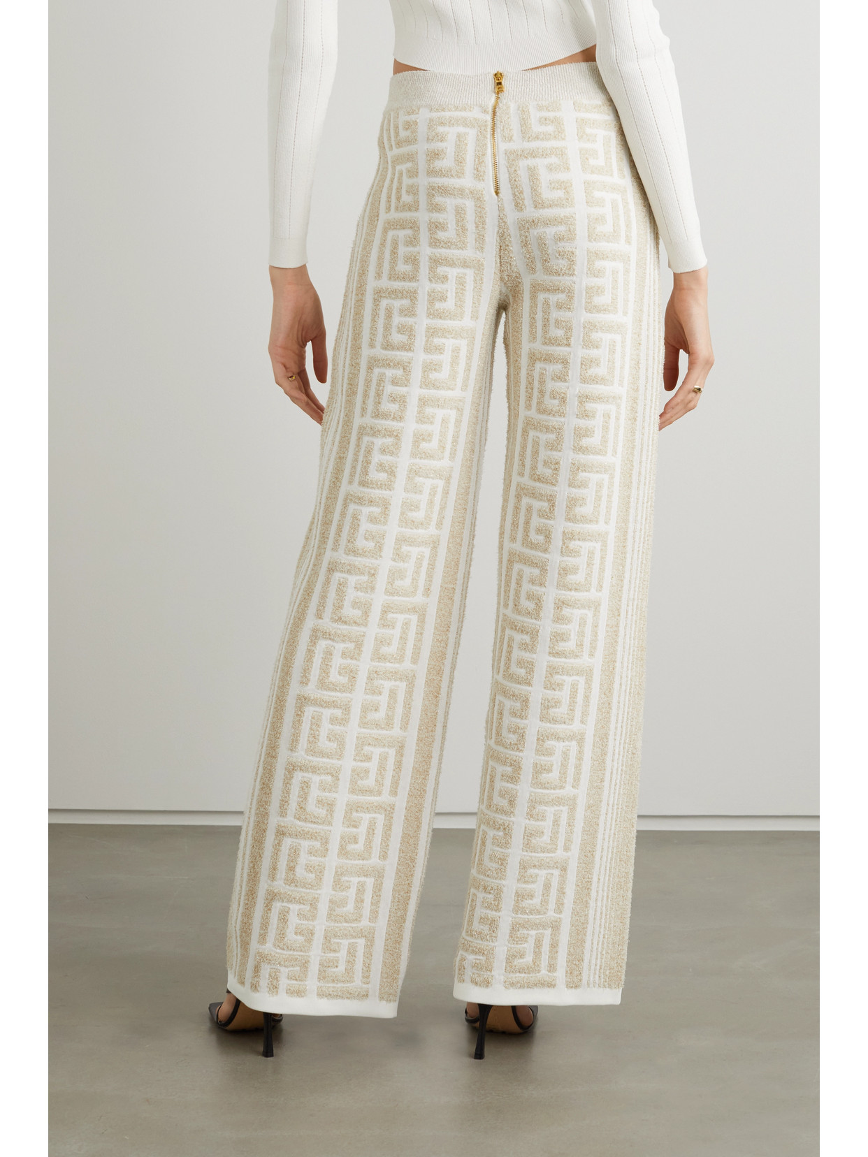 Balmain Metallic Jacquard-knit Wide-leg Pants In Brown