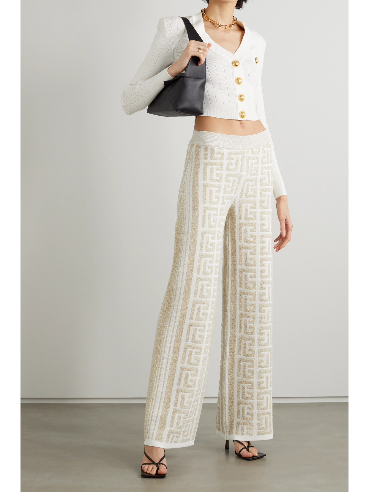 Balmain Metallic Jacquard-knit Wide-leg Pants In Brown