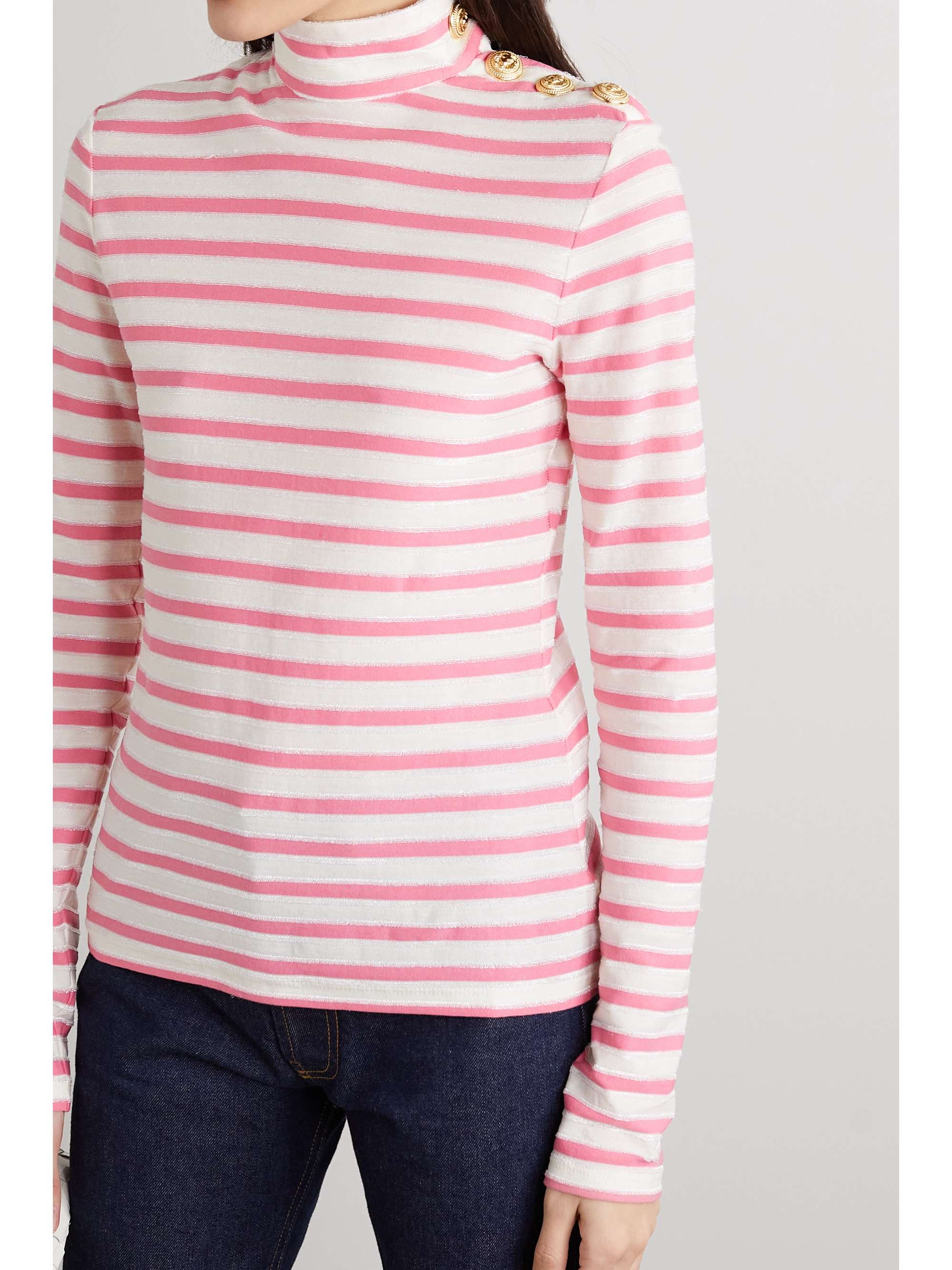 BALMAIN Striped cotton-blend jersey turtleneck top