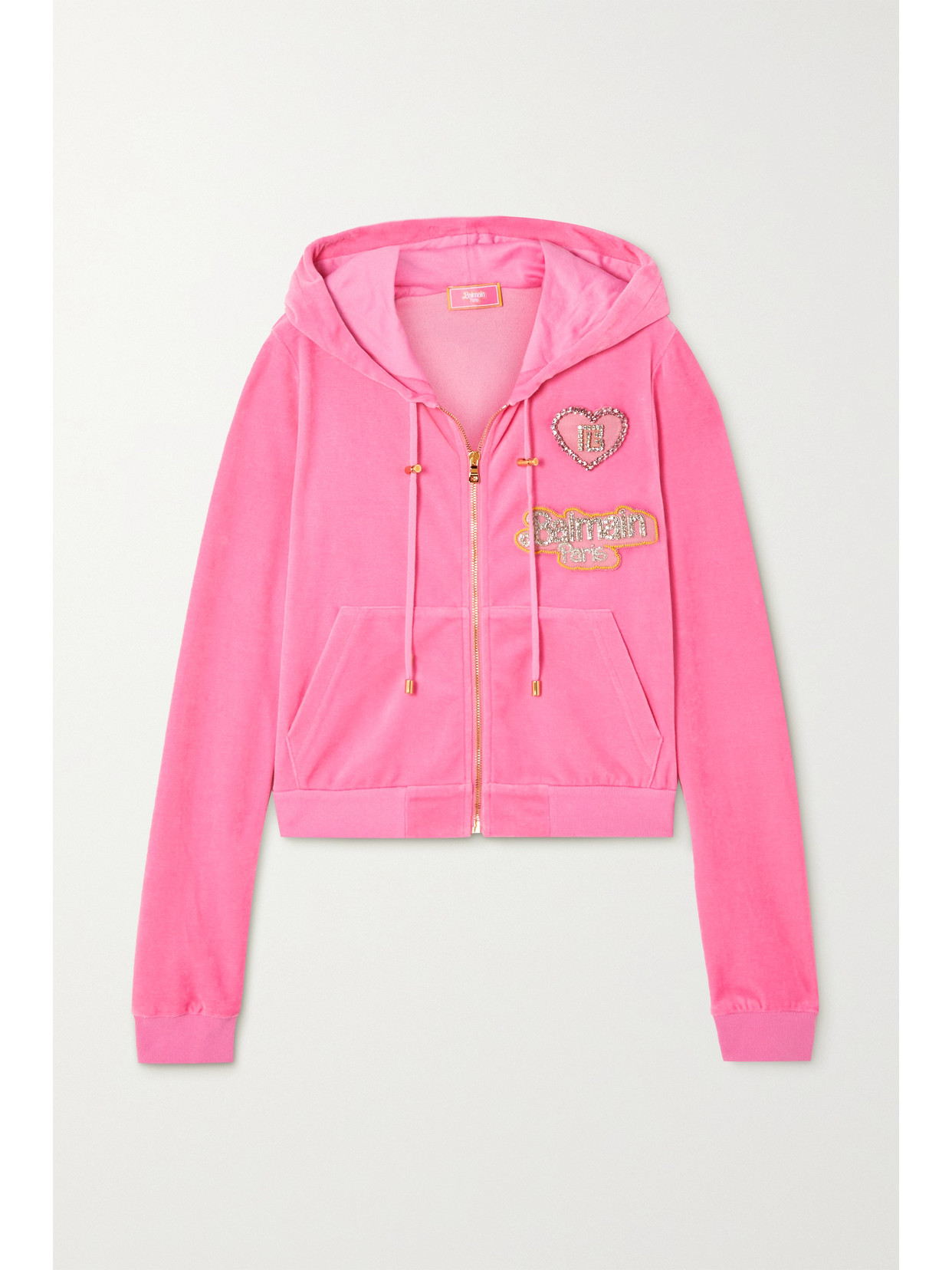 Balmain X Barbie Cropped Velvet Zipped Hoodie With Badges In Pink