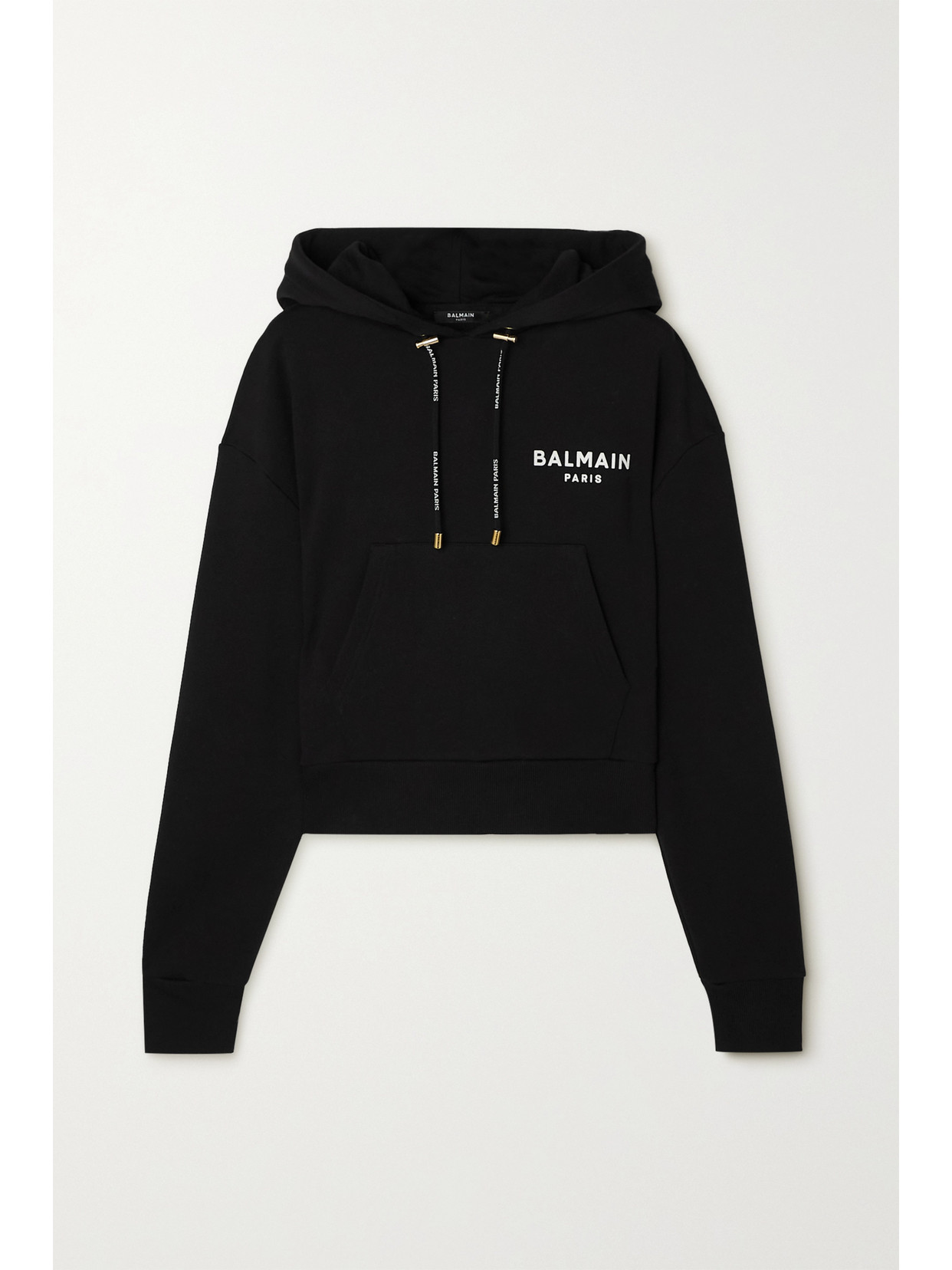 Balmain Black Flocked Logo Crop Hoodie In Black
