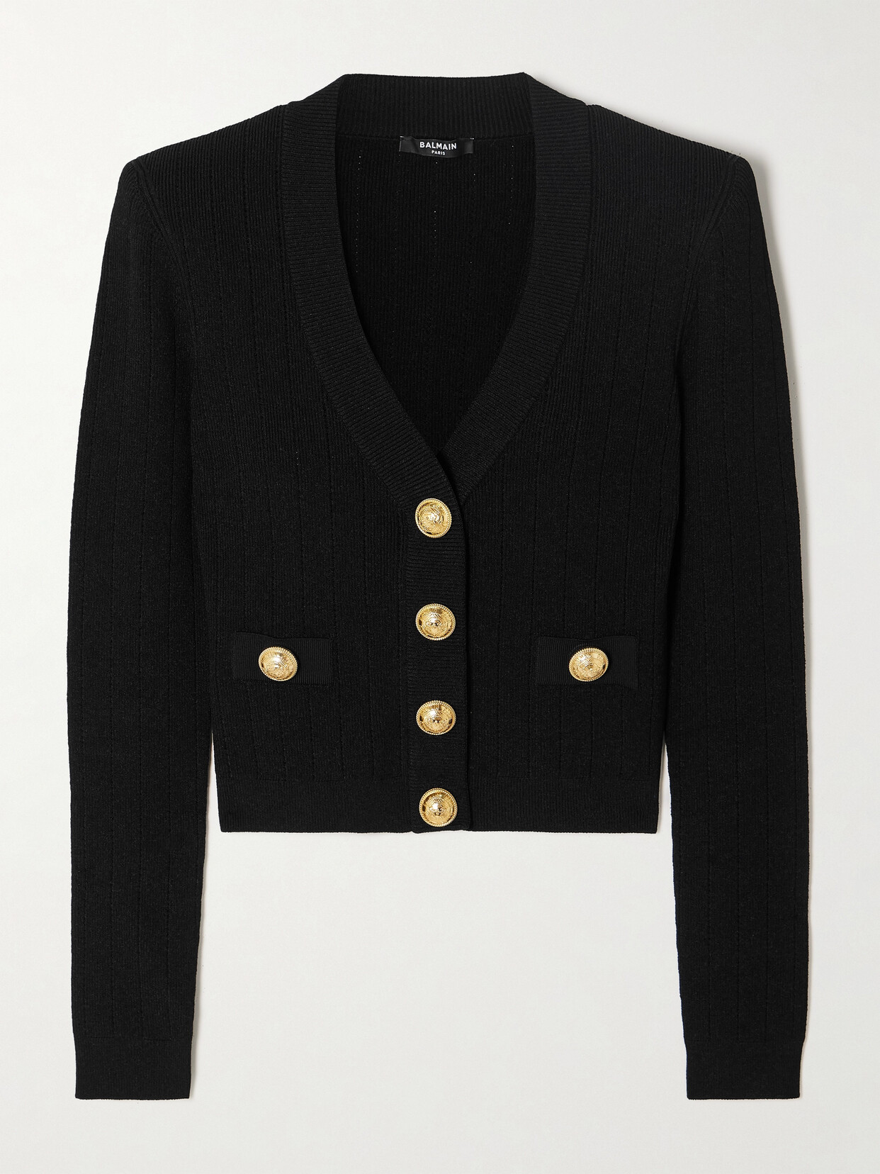 Balmain Cropped Ribbed-knit Cardigan - Black