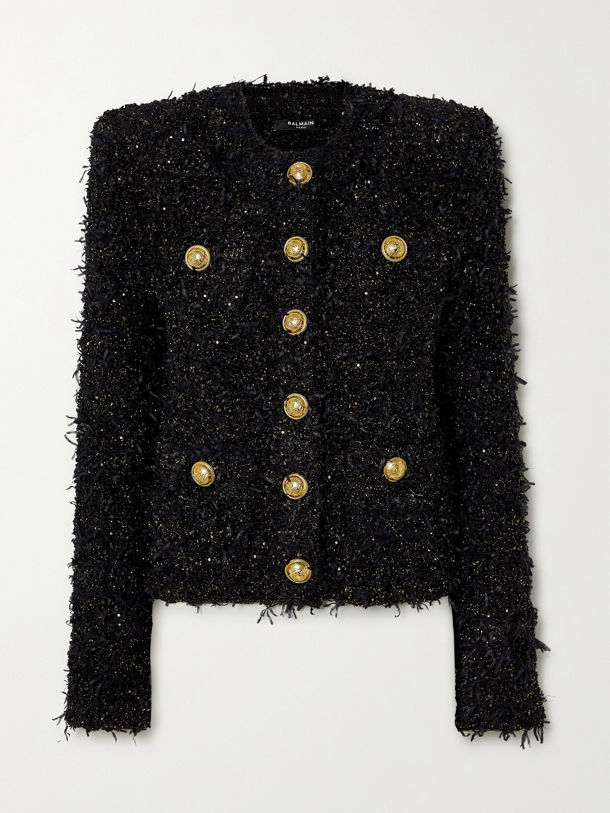 Balmain Collarless Four-pocket Tweed Jacket In Black