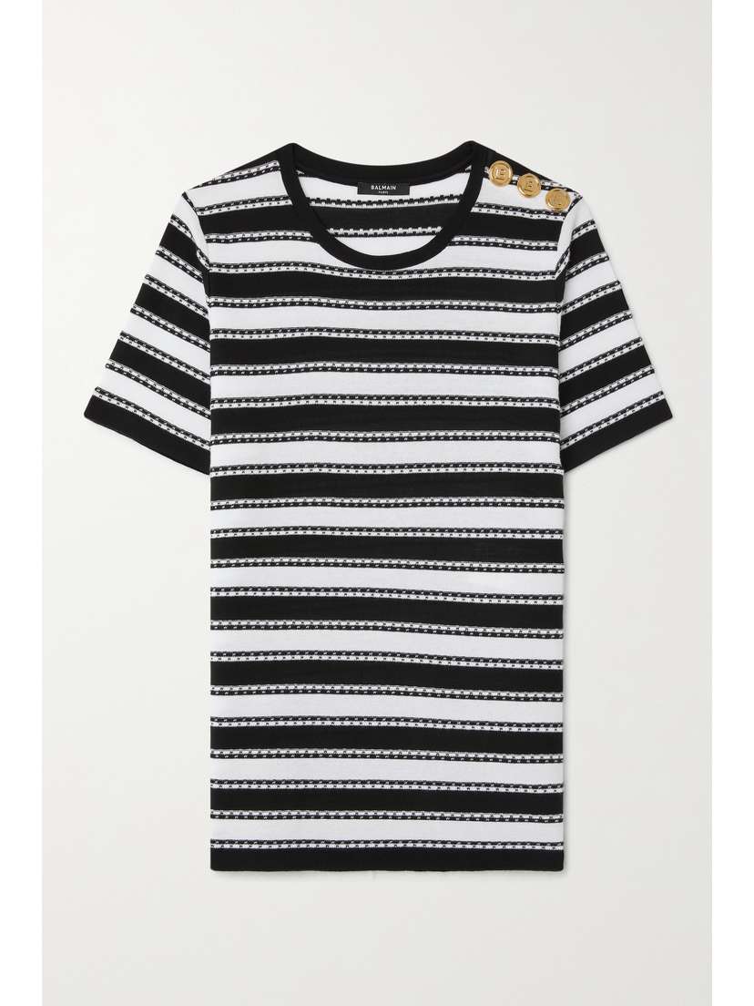 Balmain Button-embellished Striped Organic Cotton-blend Jersey T-shirt