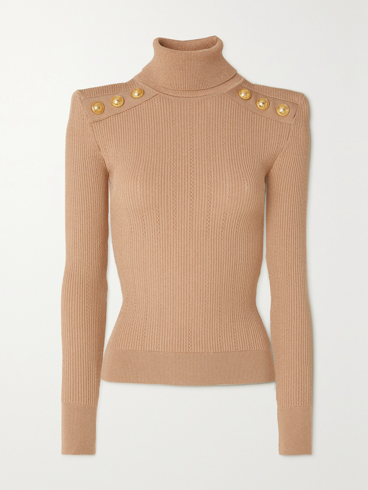 BALMAIN BUTTON-EMBELLISHED RIBBED-KNIT TURTLENECK SWEATER