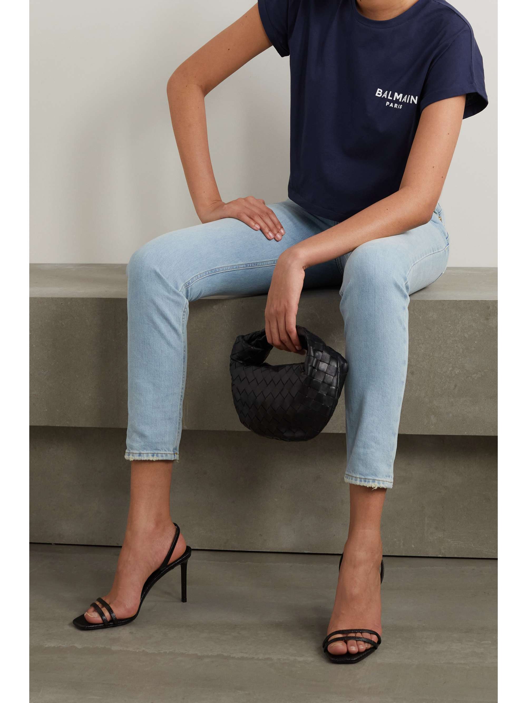 Navy Cropped flocked cotton-jersey T 