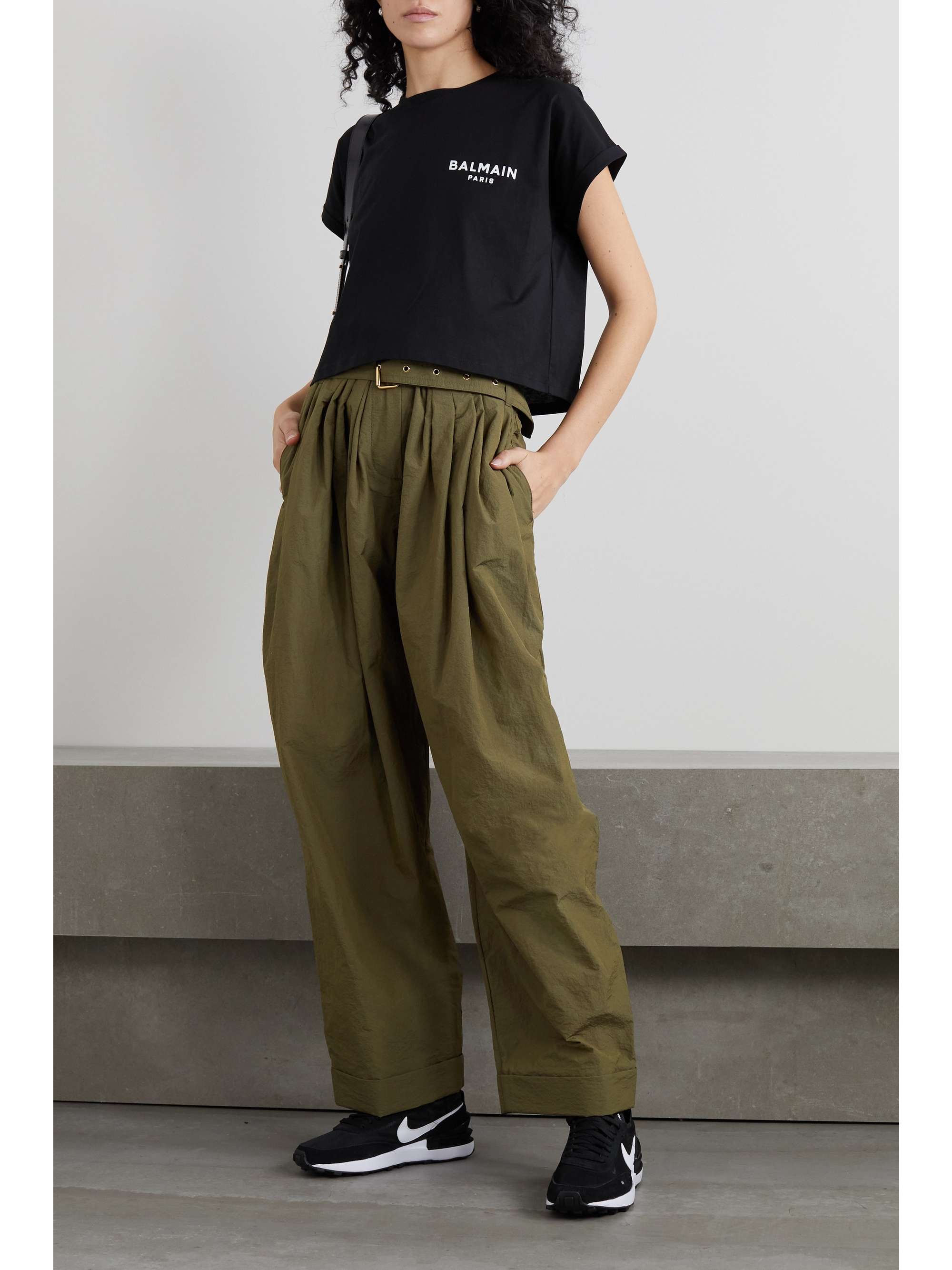 balmain cropped flocked cotton jersey t shirt
