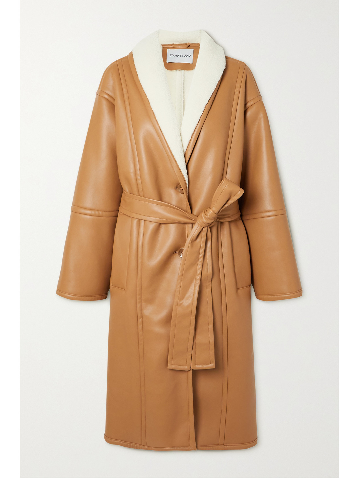Stand Studio Dolores Belted Faux Shearling Coat In Camel
