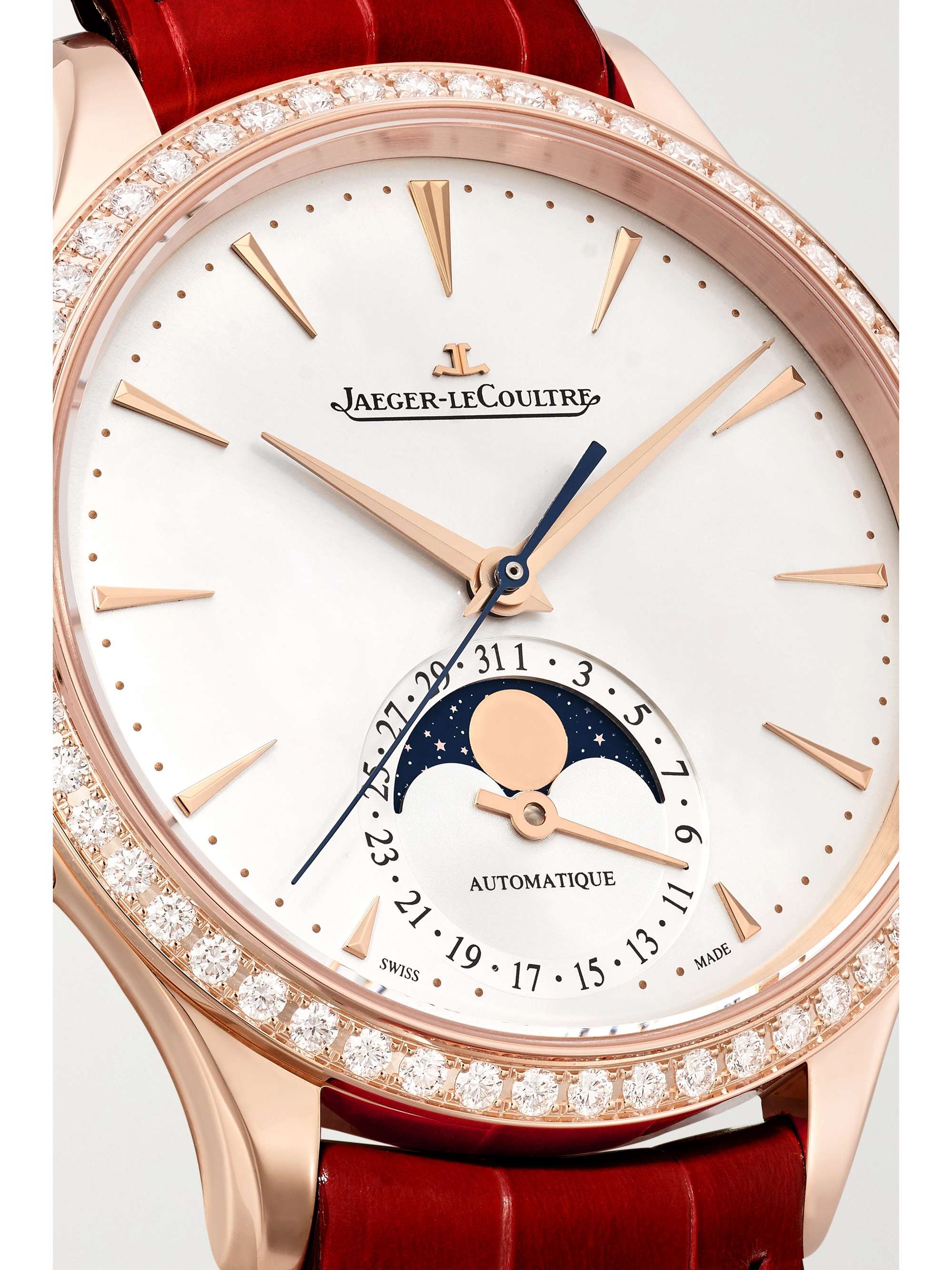 JAEGER LECOULTRE Master Ultra Thin Moon Automatic 36mm 18-karat rose gold, alligator and diamond watch