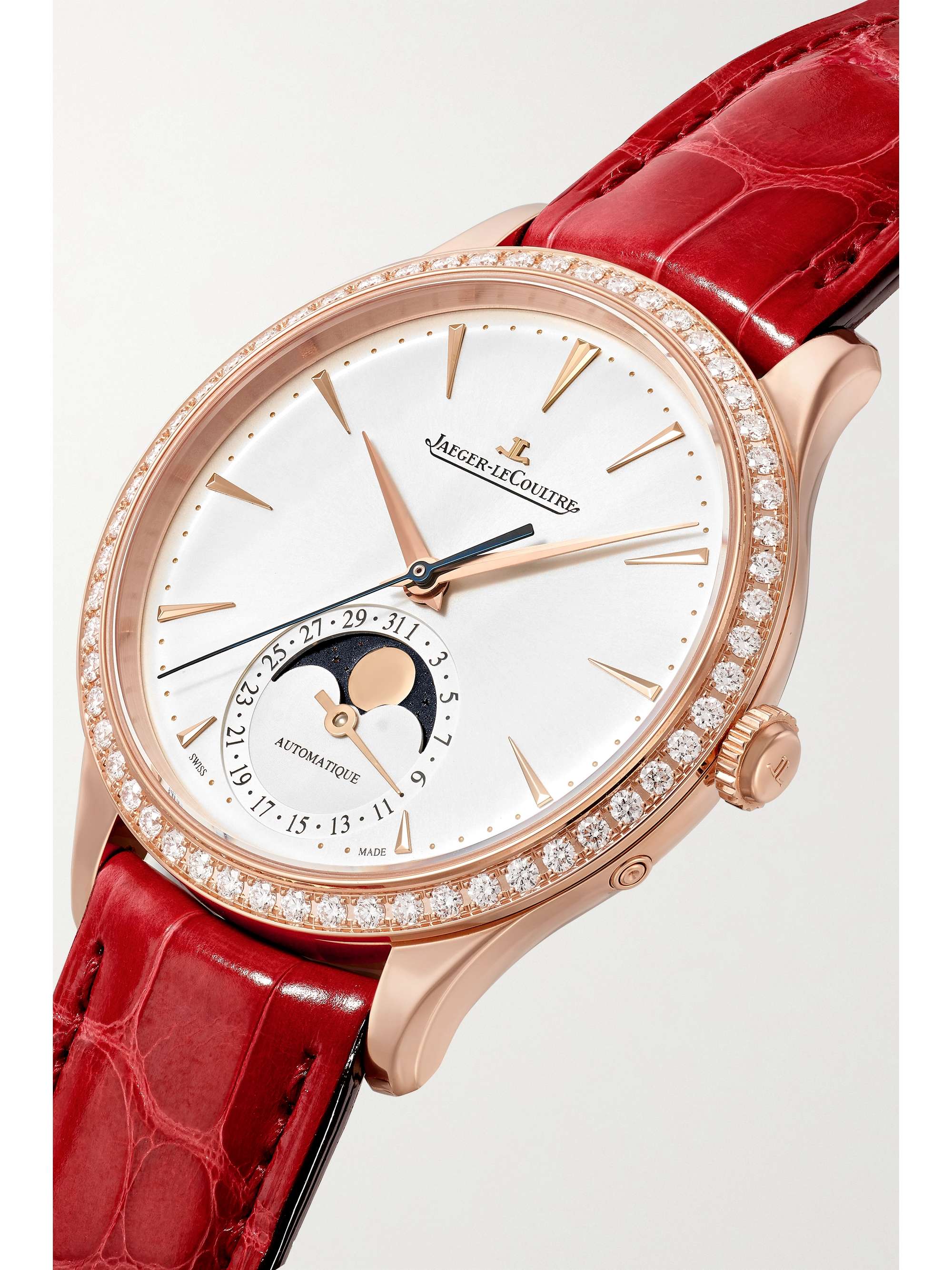 JAEGER LECOULTRE Master Ultra Thin Moon Automatic 36mm 18-karat rose gold, alligator and diamond watch