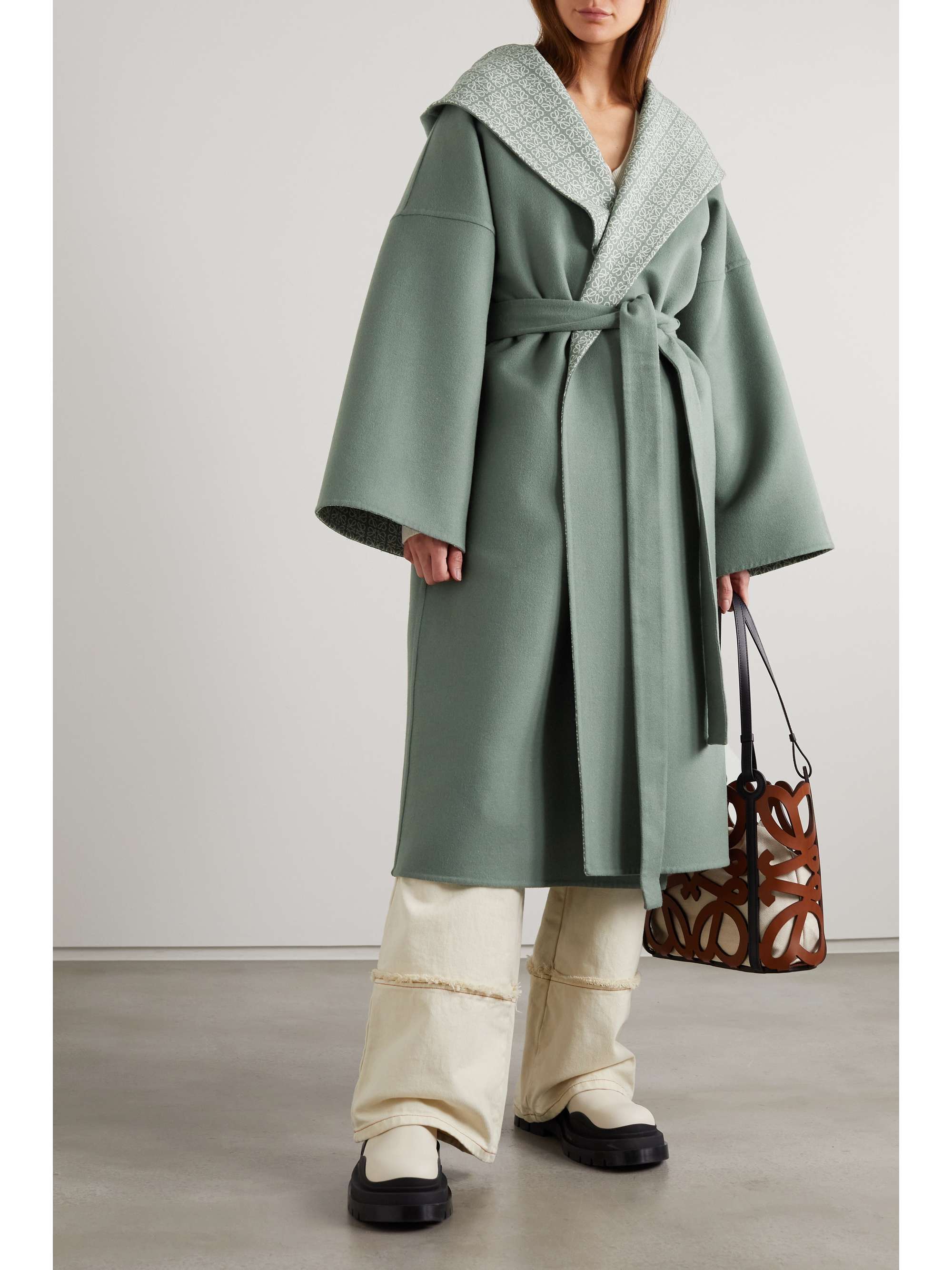 LOEWE Hooded belted wool-jacquard coat
