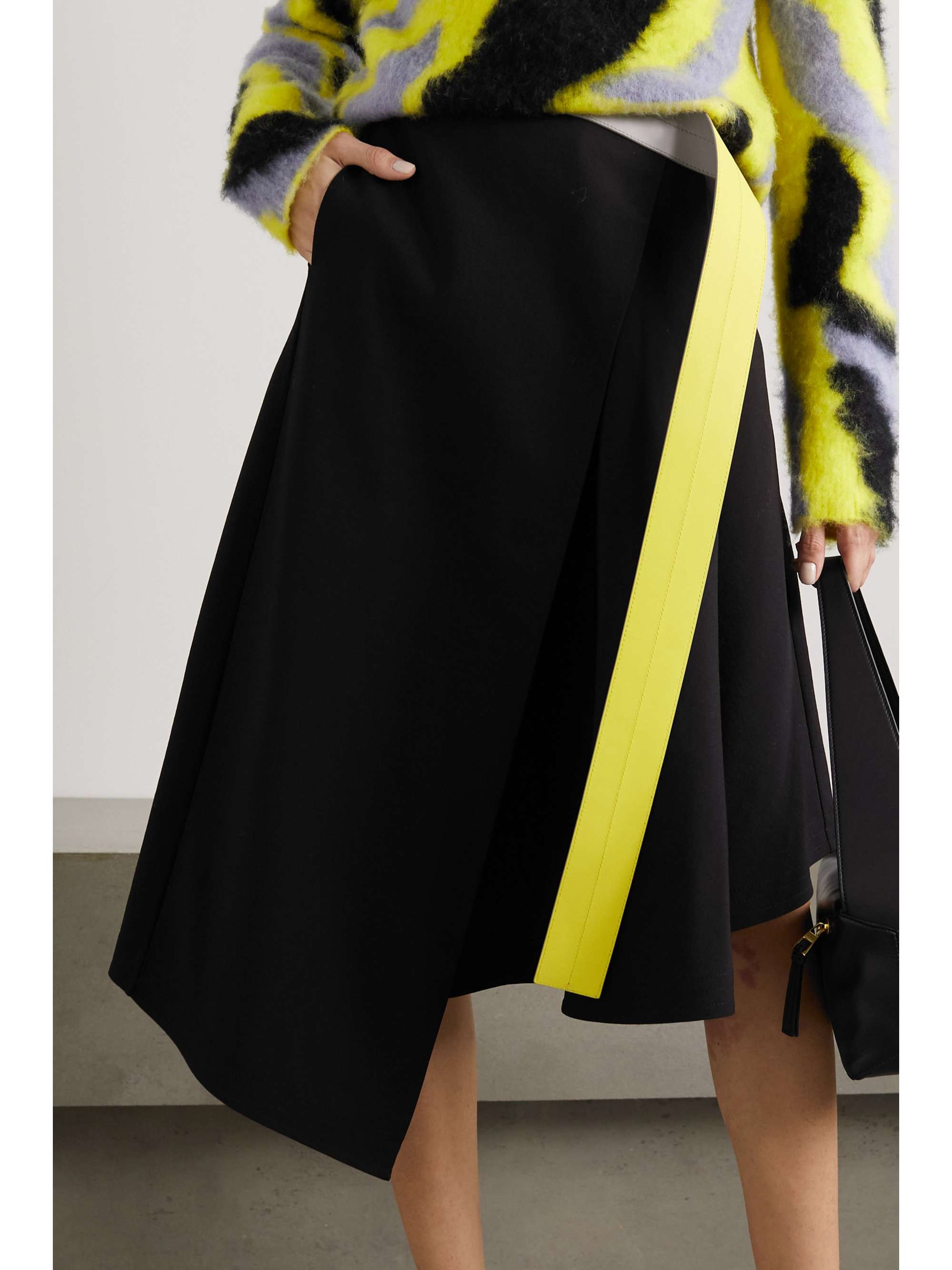 LOEWE Leather-trimmed wool-twill wrap skirt