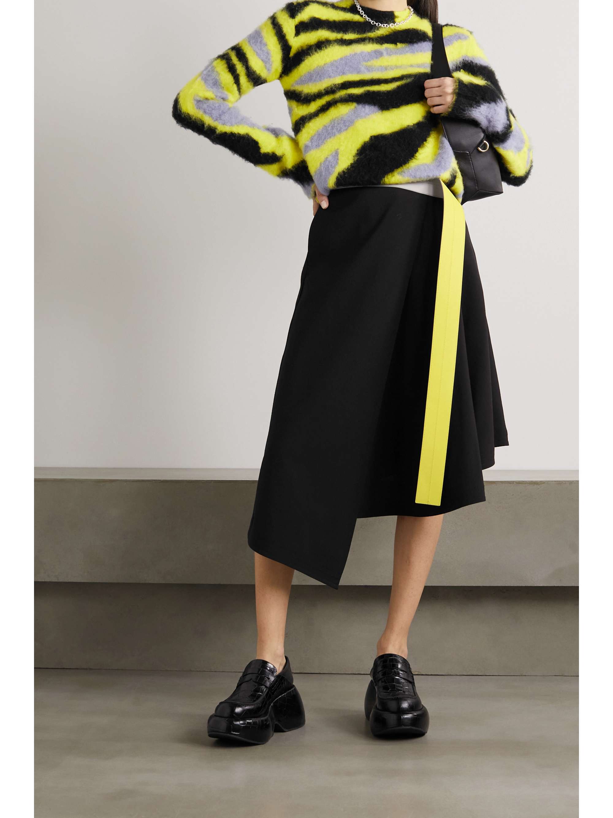 Black Leather-trimmed wool-twill wrap skirt | LOEWE | NET-A