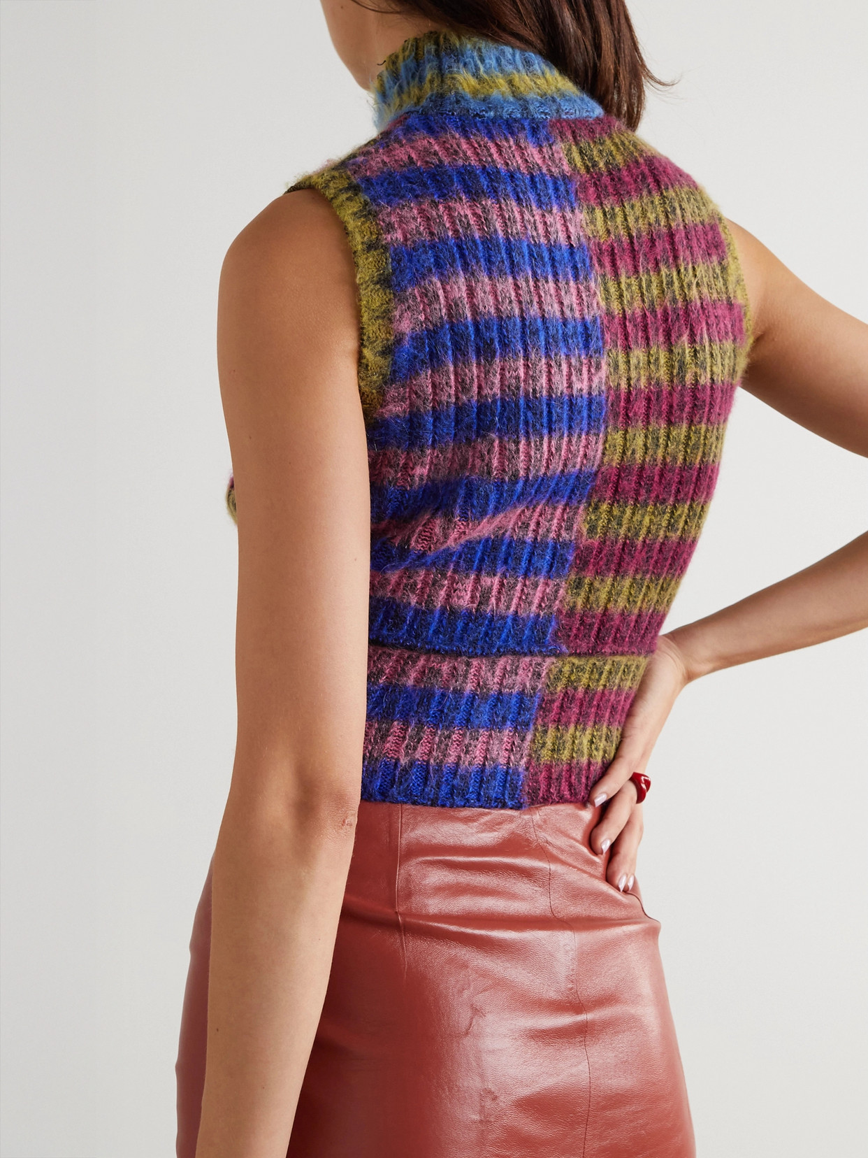 Cropped Brushed Striped Cotton-Blend Turtleneck Sweater