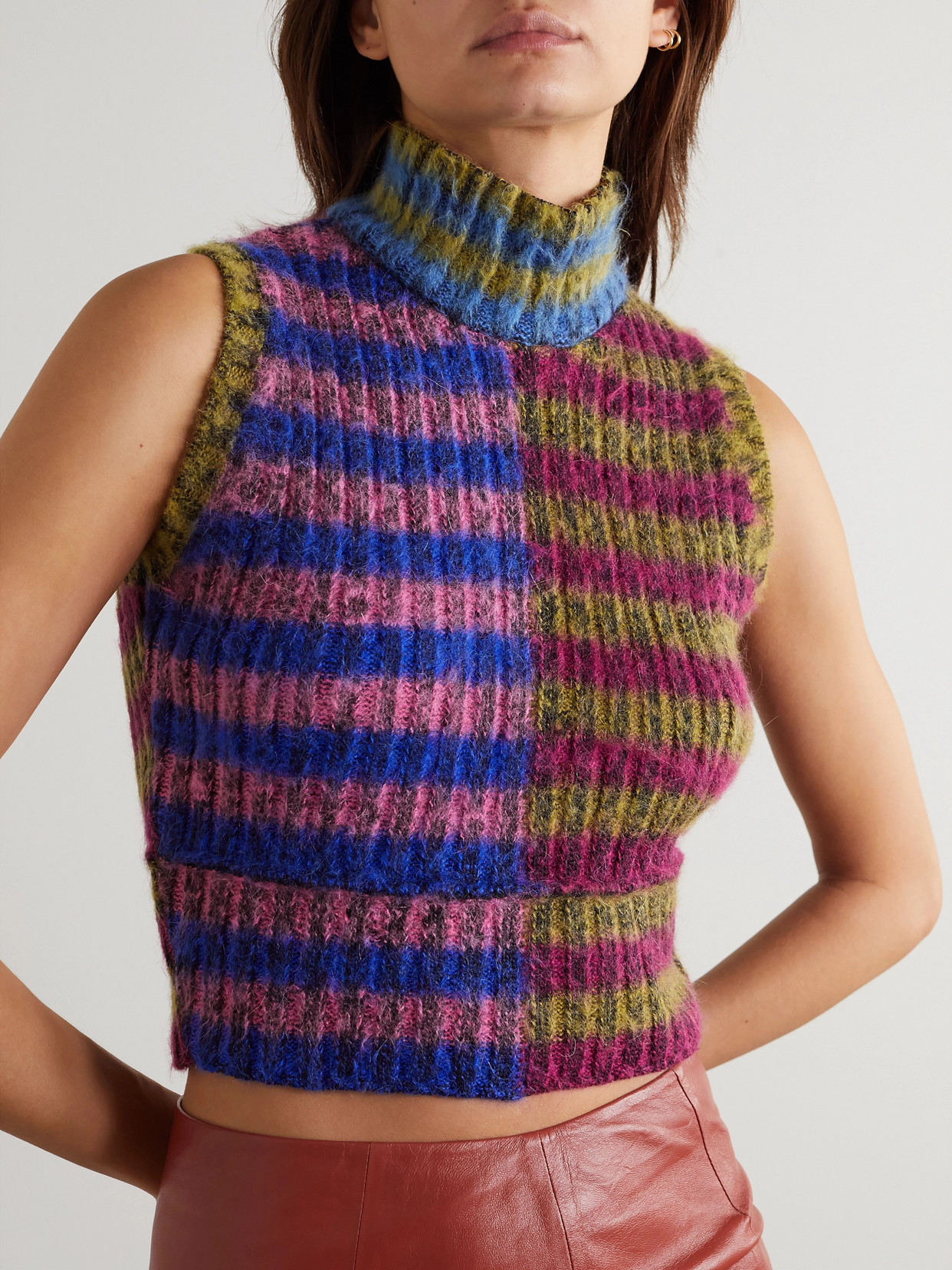Cropped Brushed Striped Cotton-Blend Turtleneck Sweater