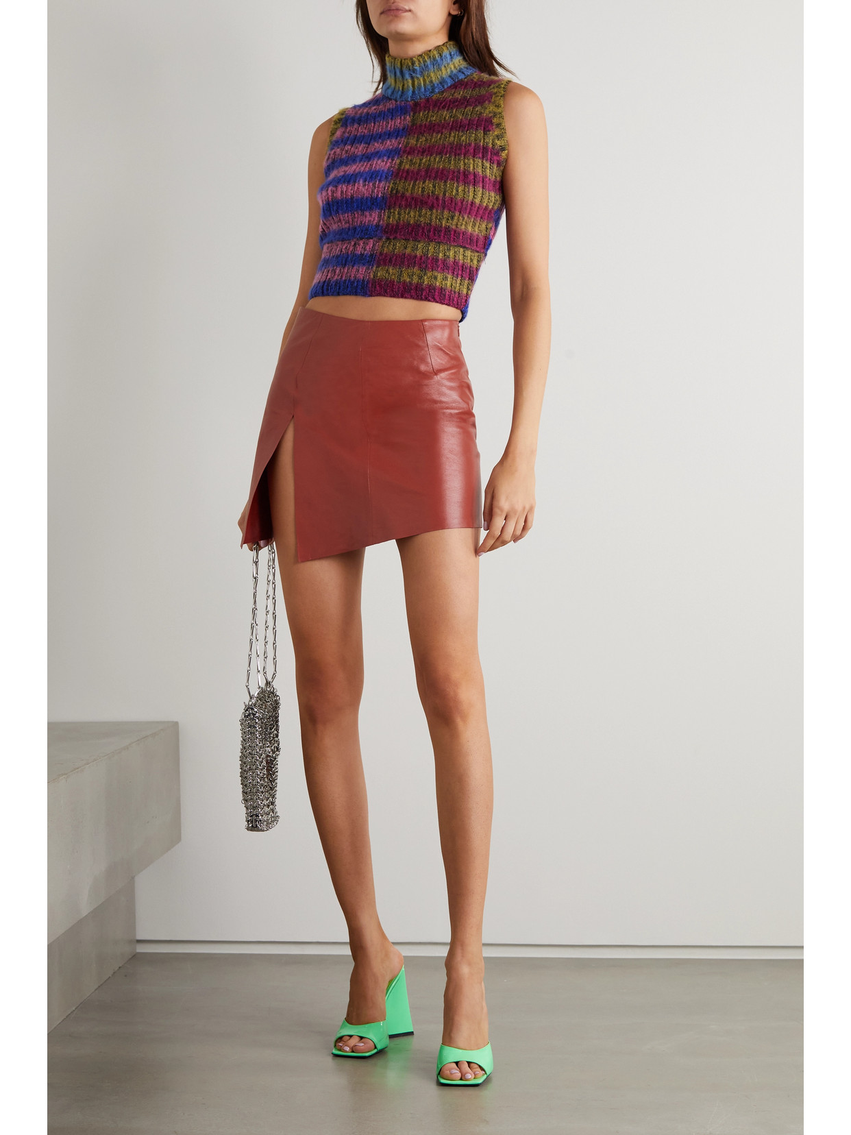 Cropped Brushed Striped Cotton-Blend Turtleneck Sweater