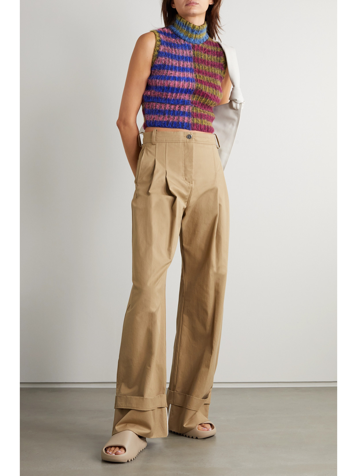 Cropped Brushed Striped Cotton-Blend Turtleneck Sweater