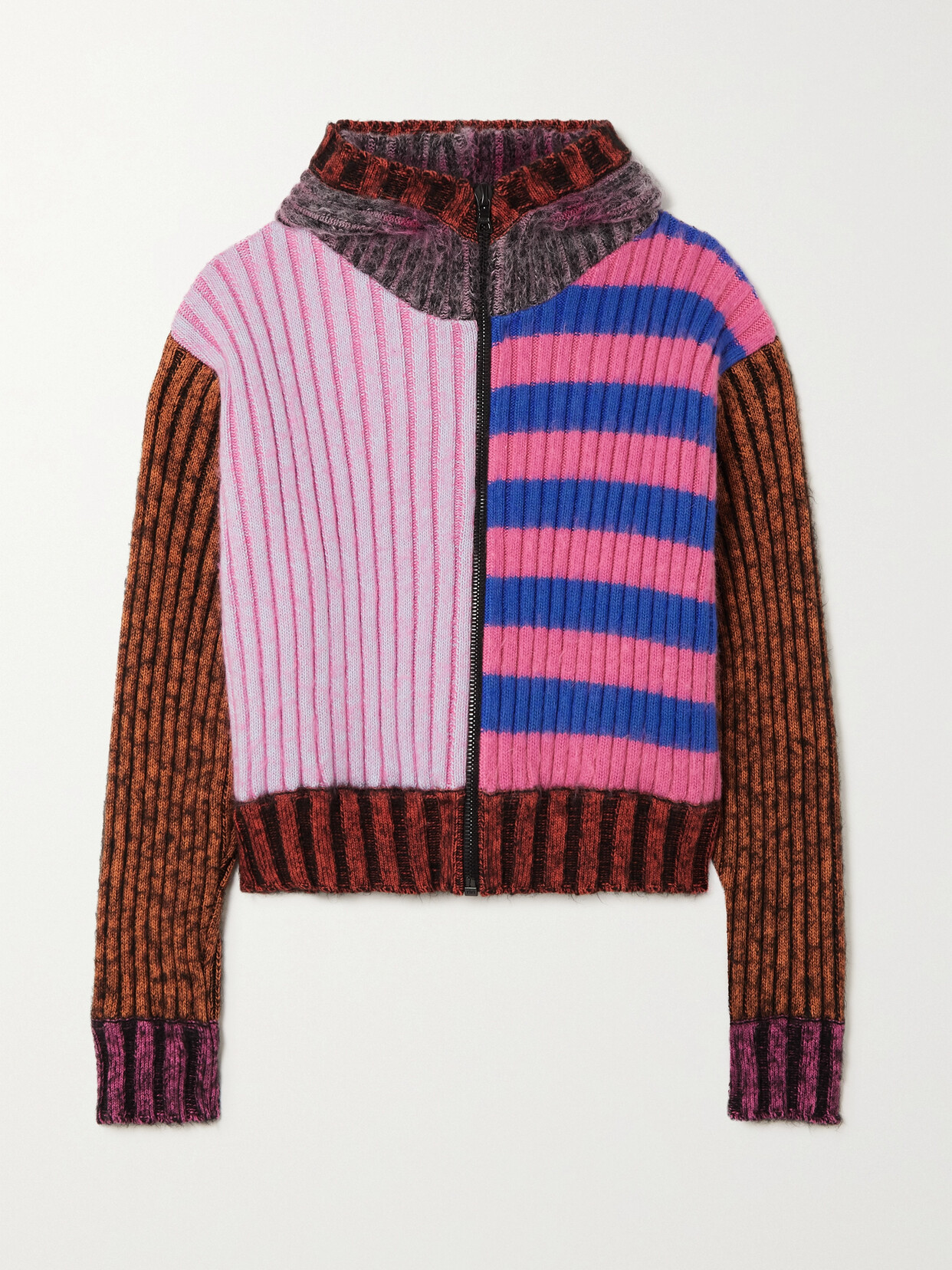 Agr Cropped Patchwork Striped Cotton-blend Hoodie In Pink