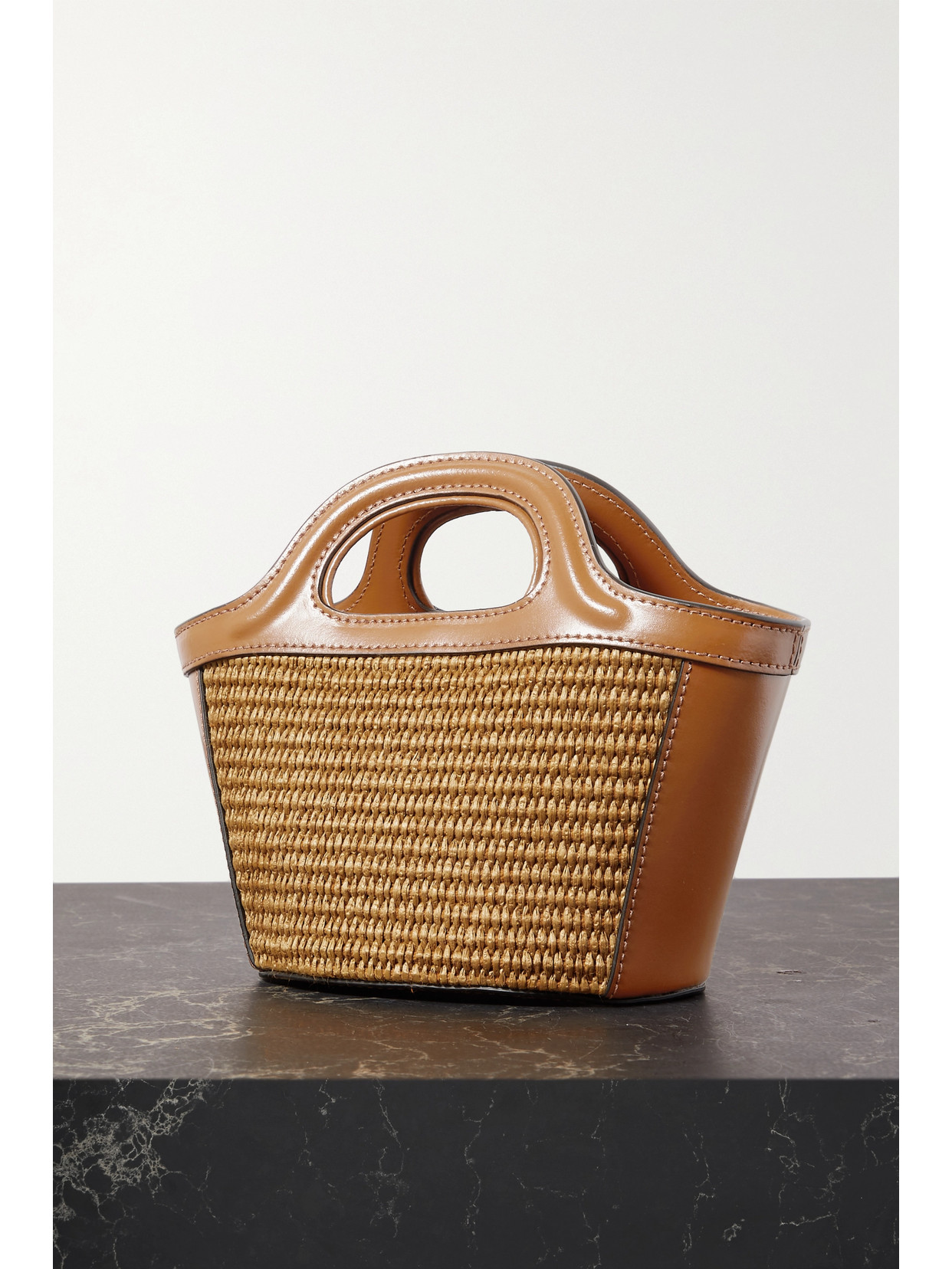 Marni Tropicalia Micro Embroidered Leather-trimmed Raffia Tote In Brown