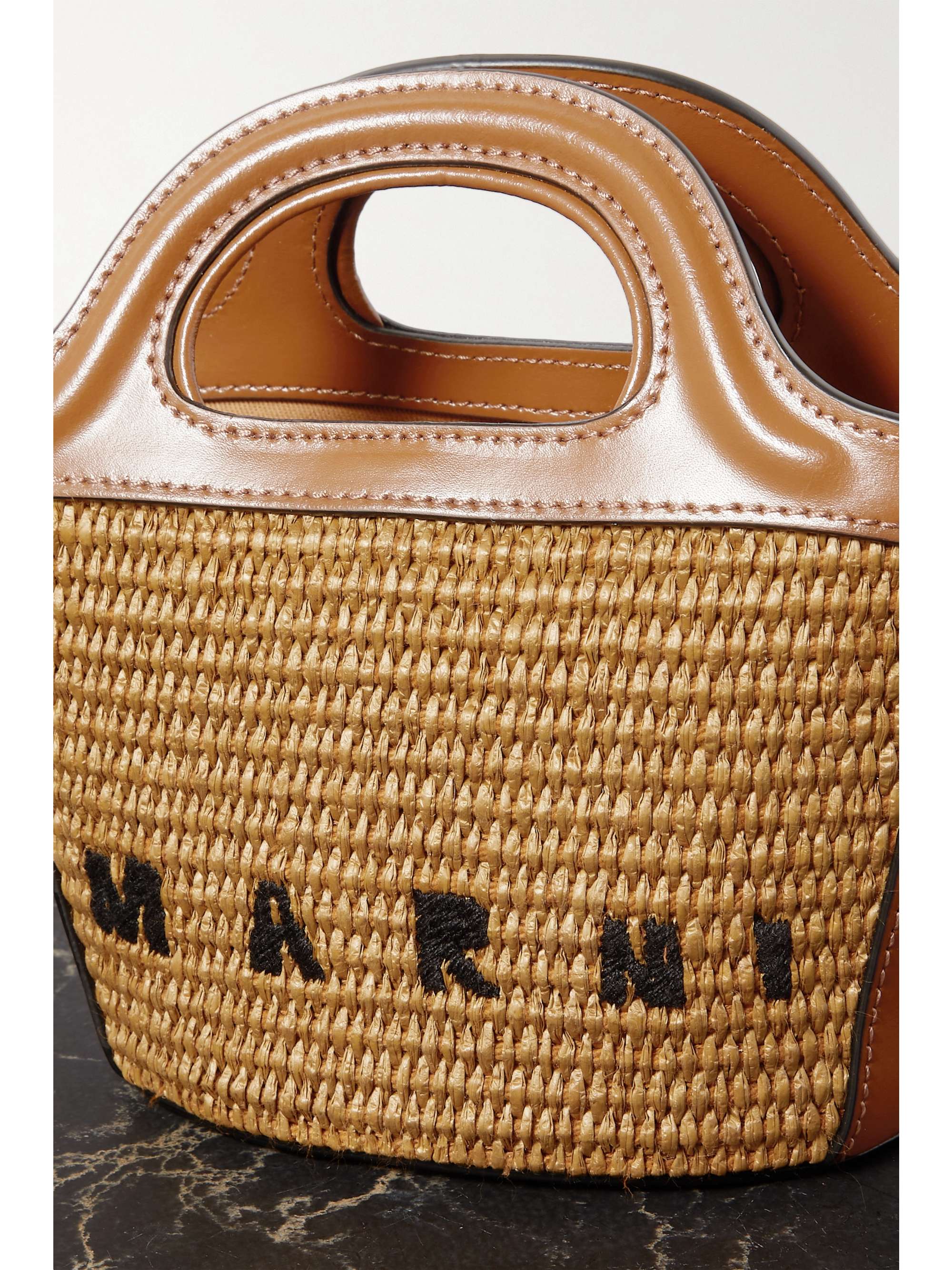 MARNI Tropicalia micro embroidered leather-trimmed raffia