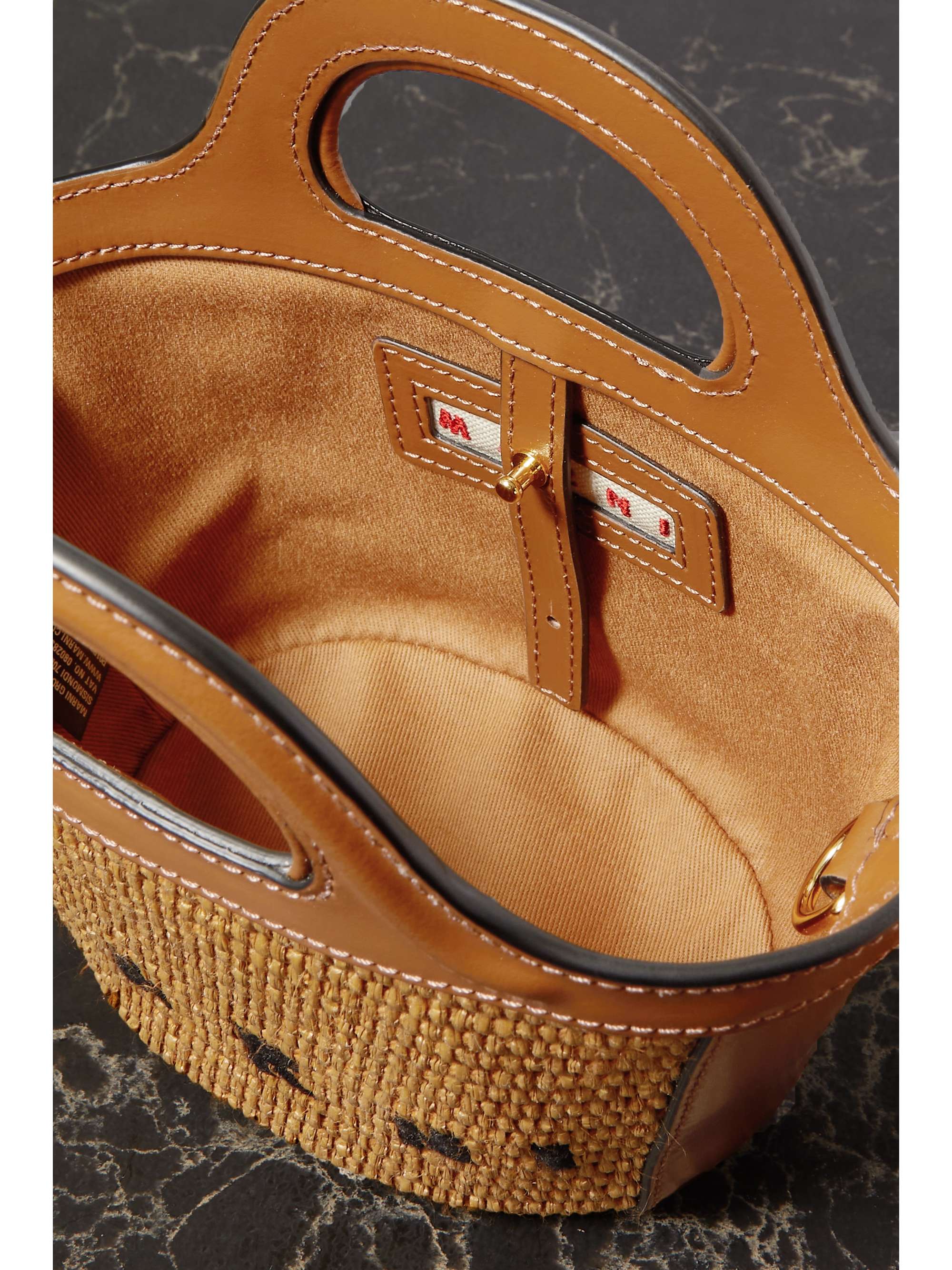 Tropicalia micro embroidered leather-trimmed raffia tote