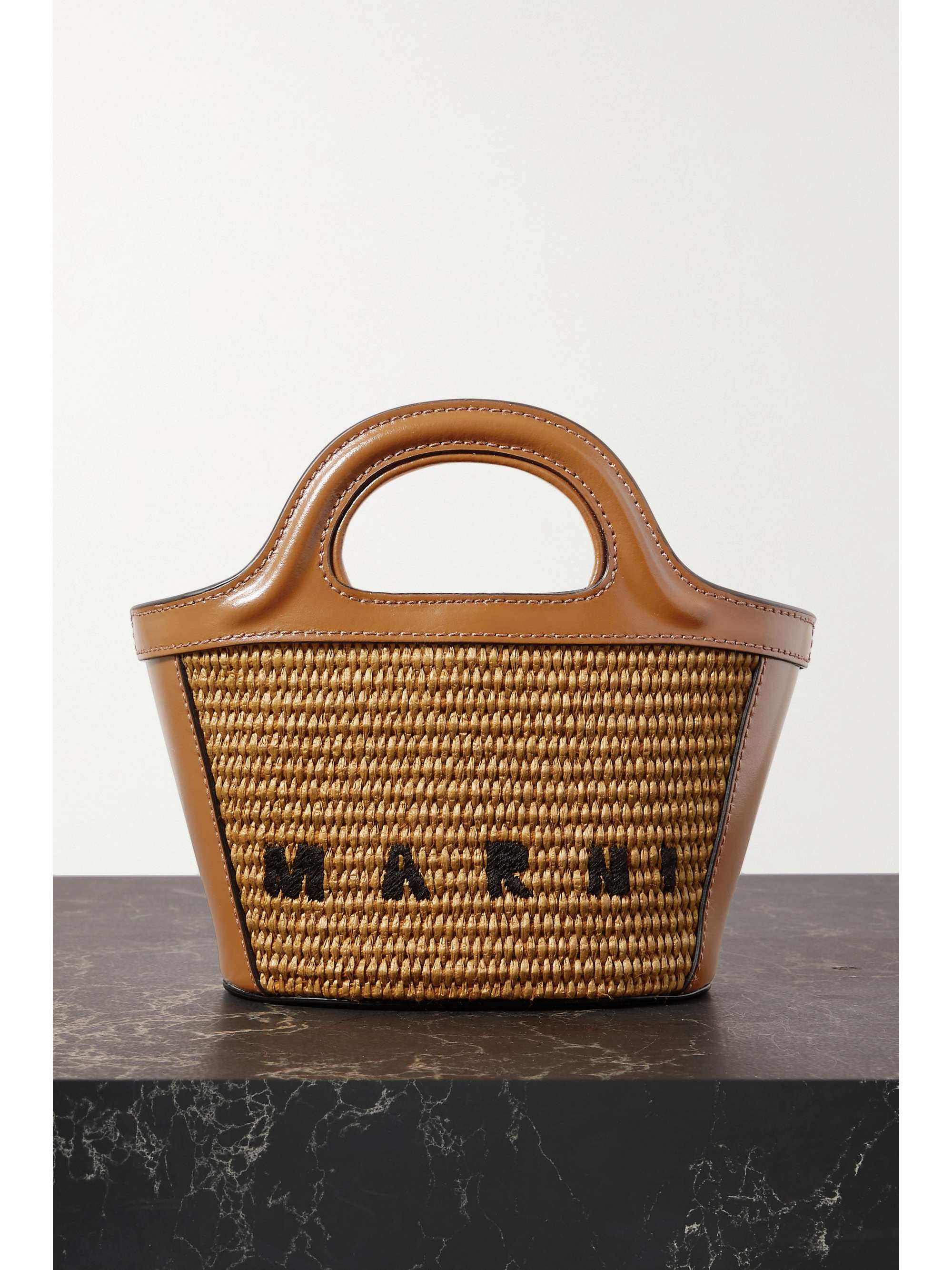Tropicalia micro embroidered leather-trimmed raffia tote - brown - One Size