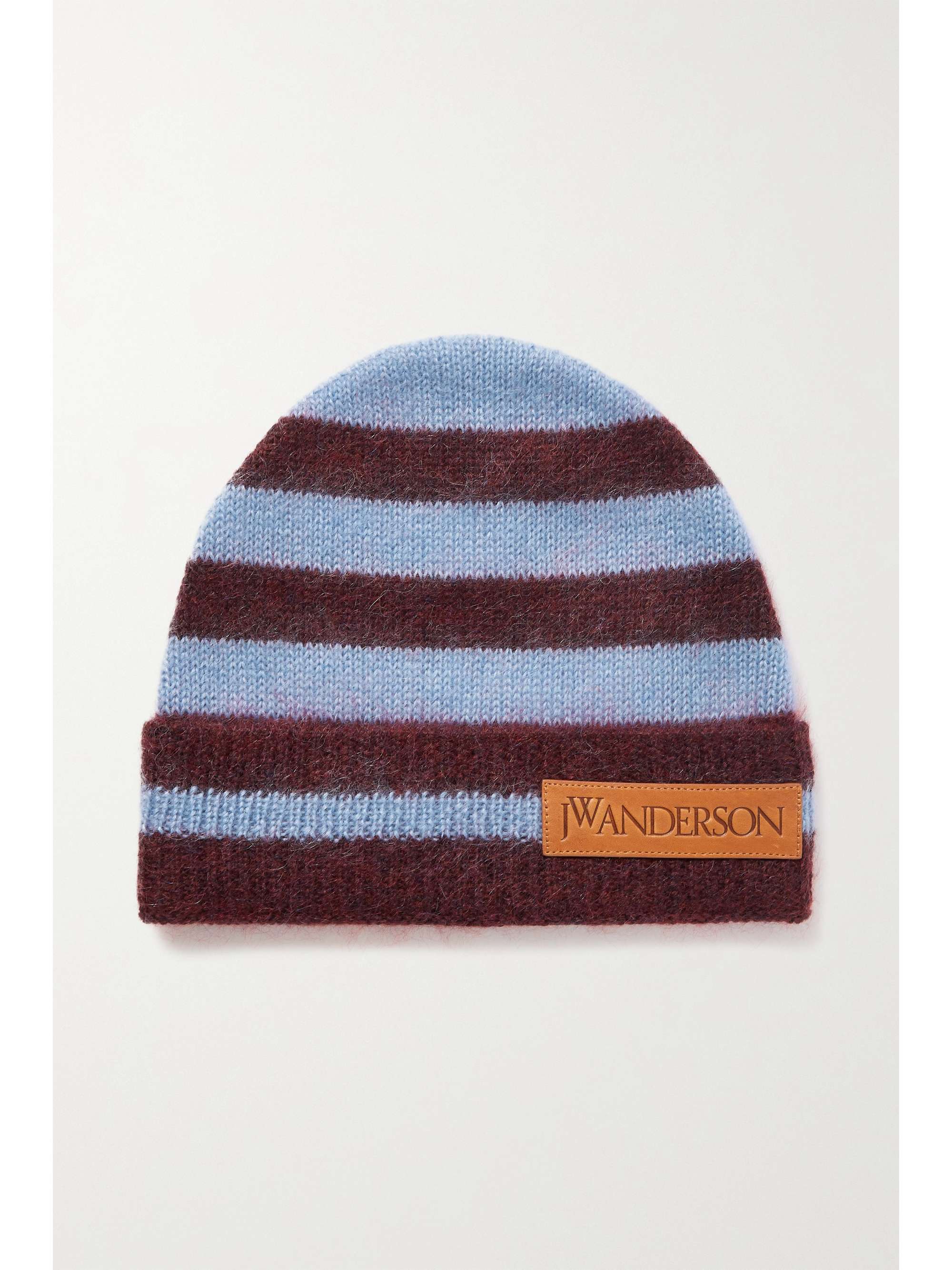 Leather-trimmed striped knitted beanie 