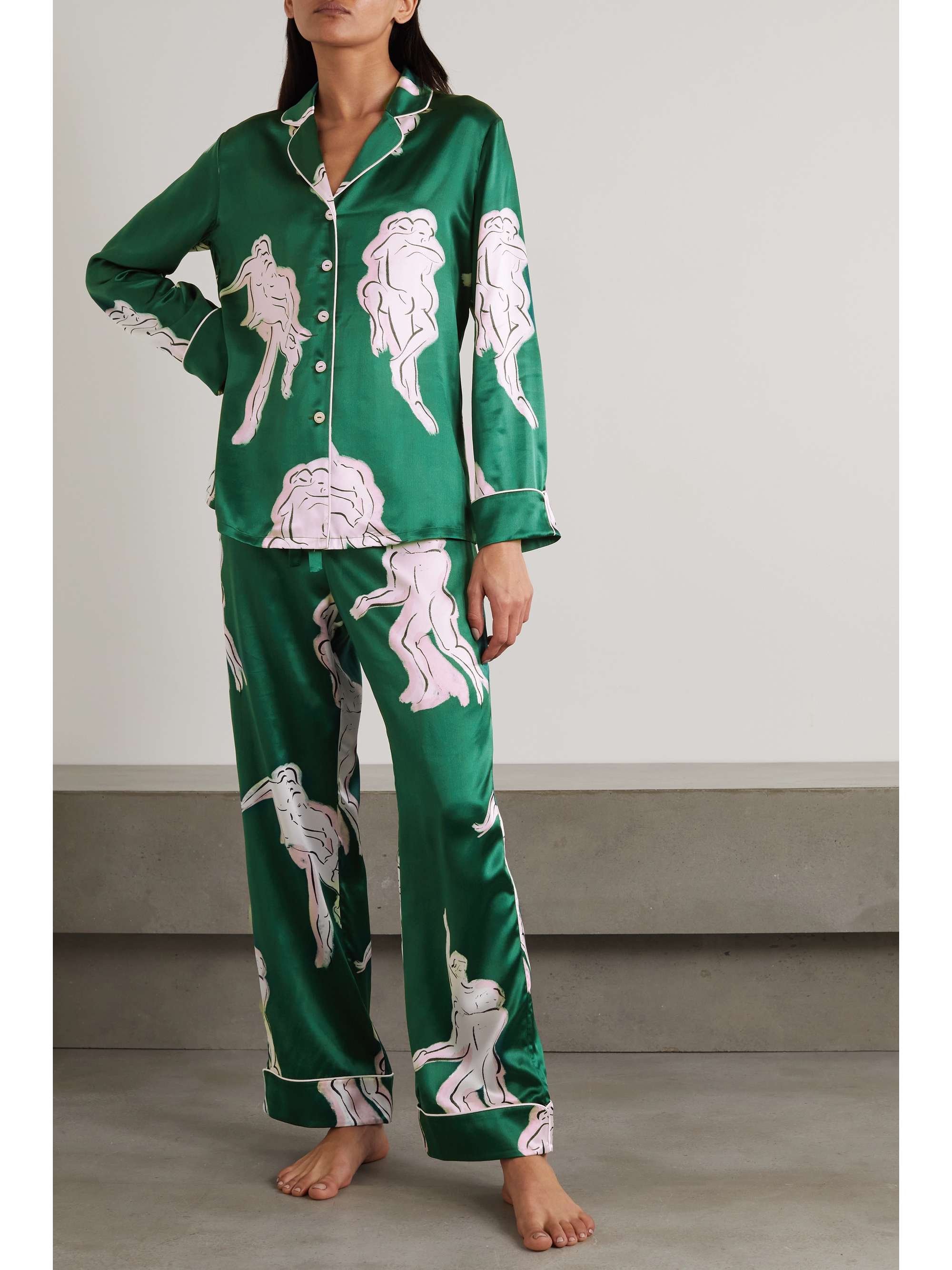 OLIVIA VON HALLE Lila Atlas Pyjama aus bedrucktem Seidensatin